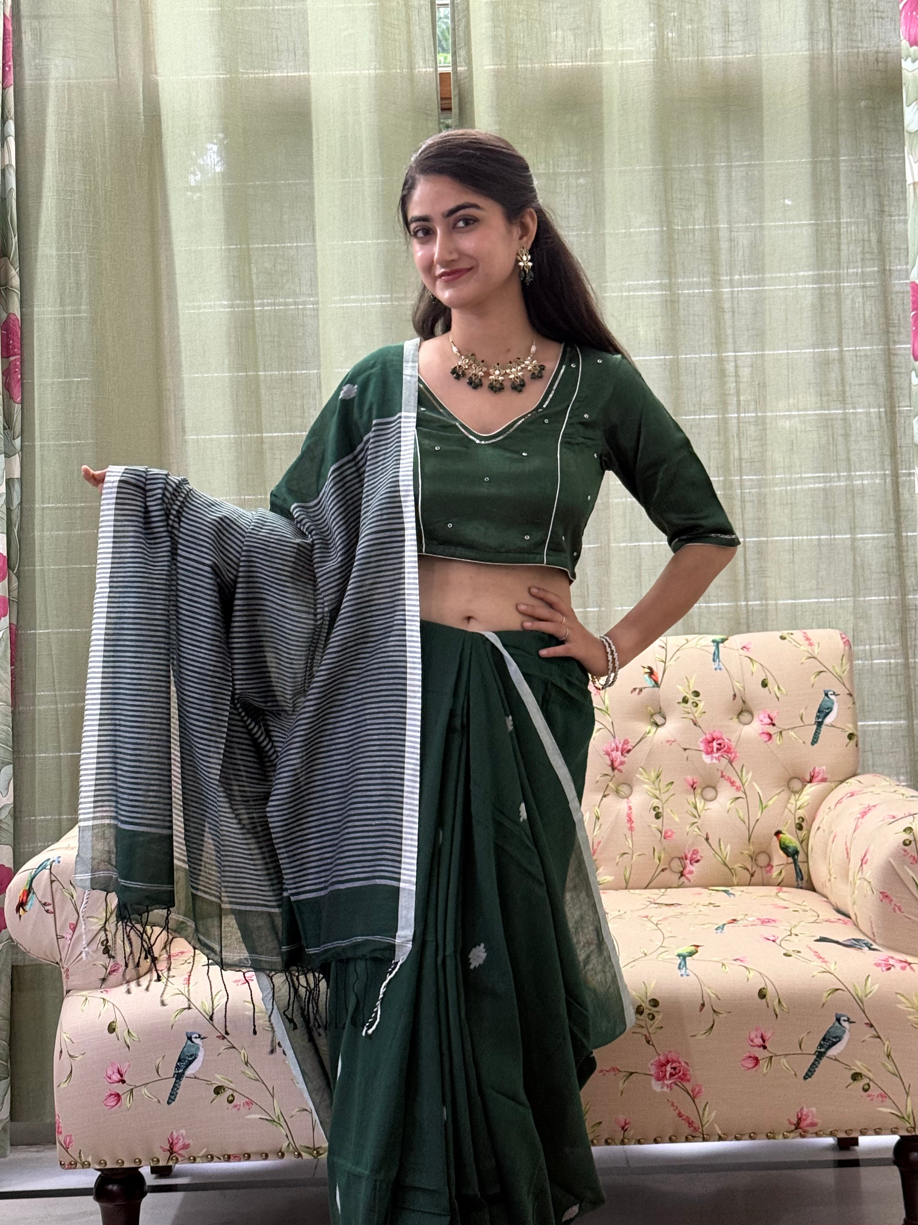 Blue with White Buti and Stripe Border Pure Cotton Saree