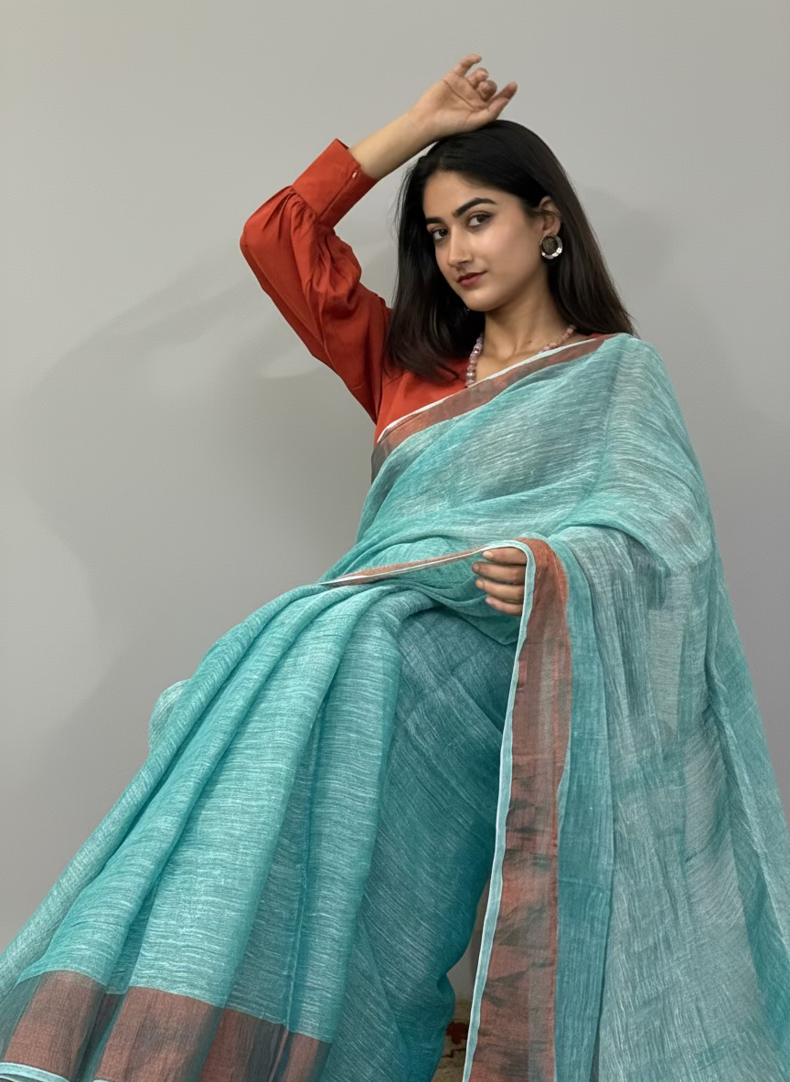 Sea Green Linen Saree with Zari Border draped on model