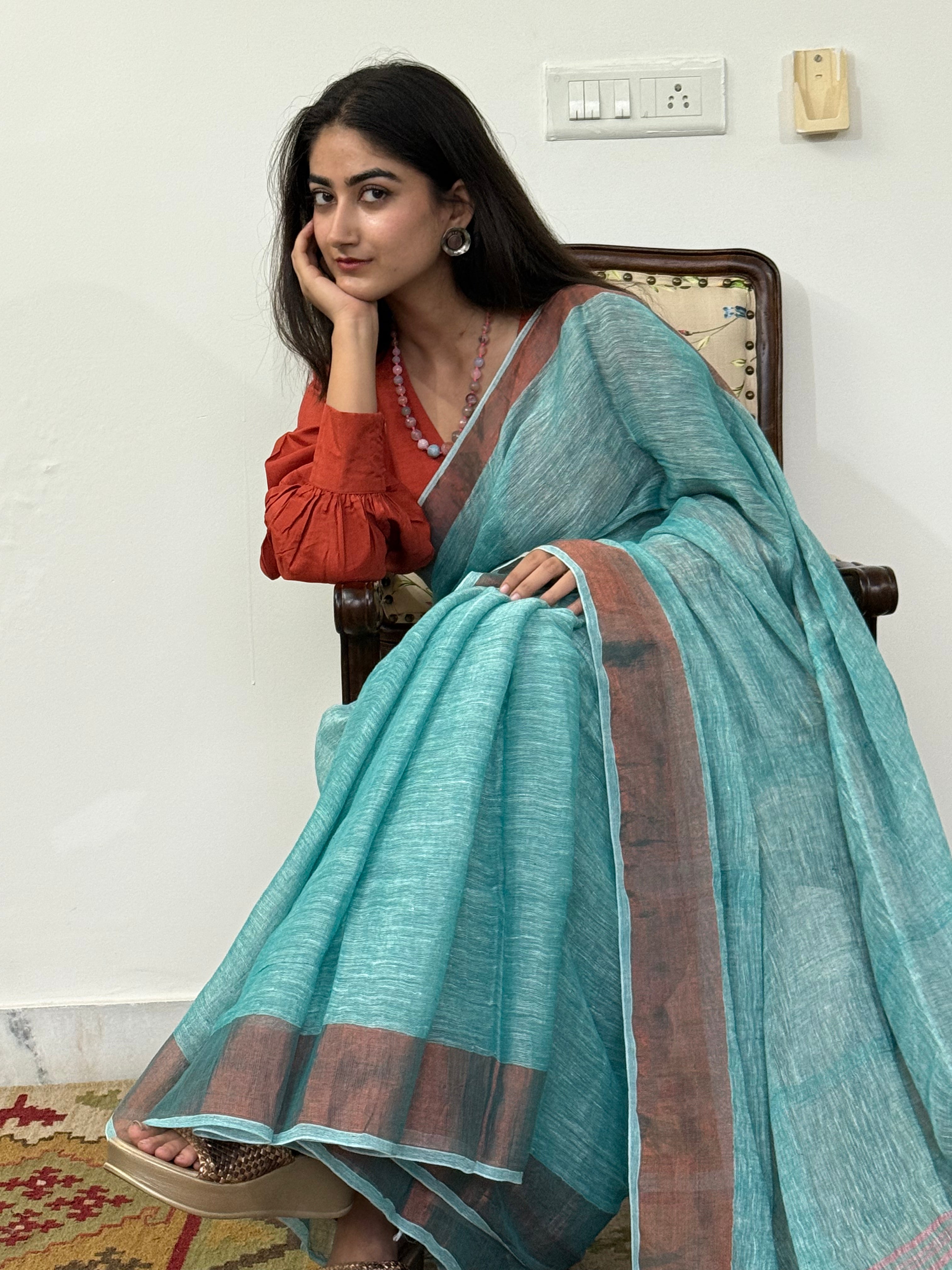 Handwoven Linen Saree with Zari Border for Office & Festive Wear