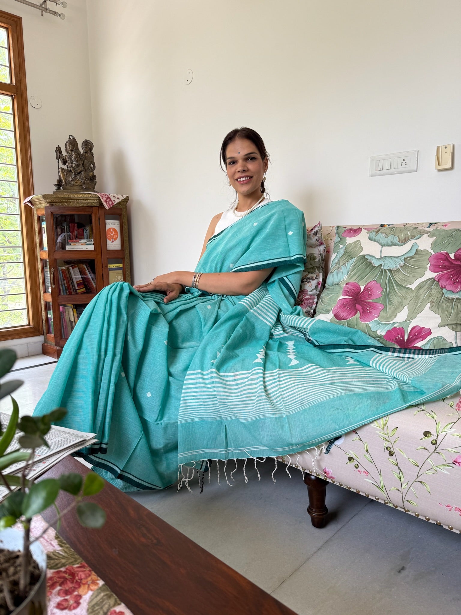 Fresh Aqua Teal Base With A Subtle Sheen Pure Cotton Jamdani Saree