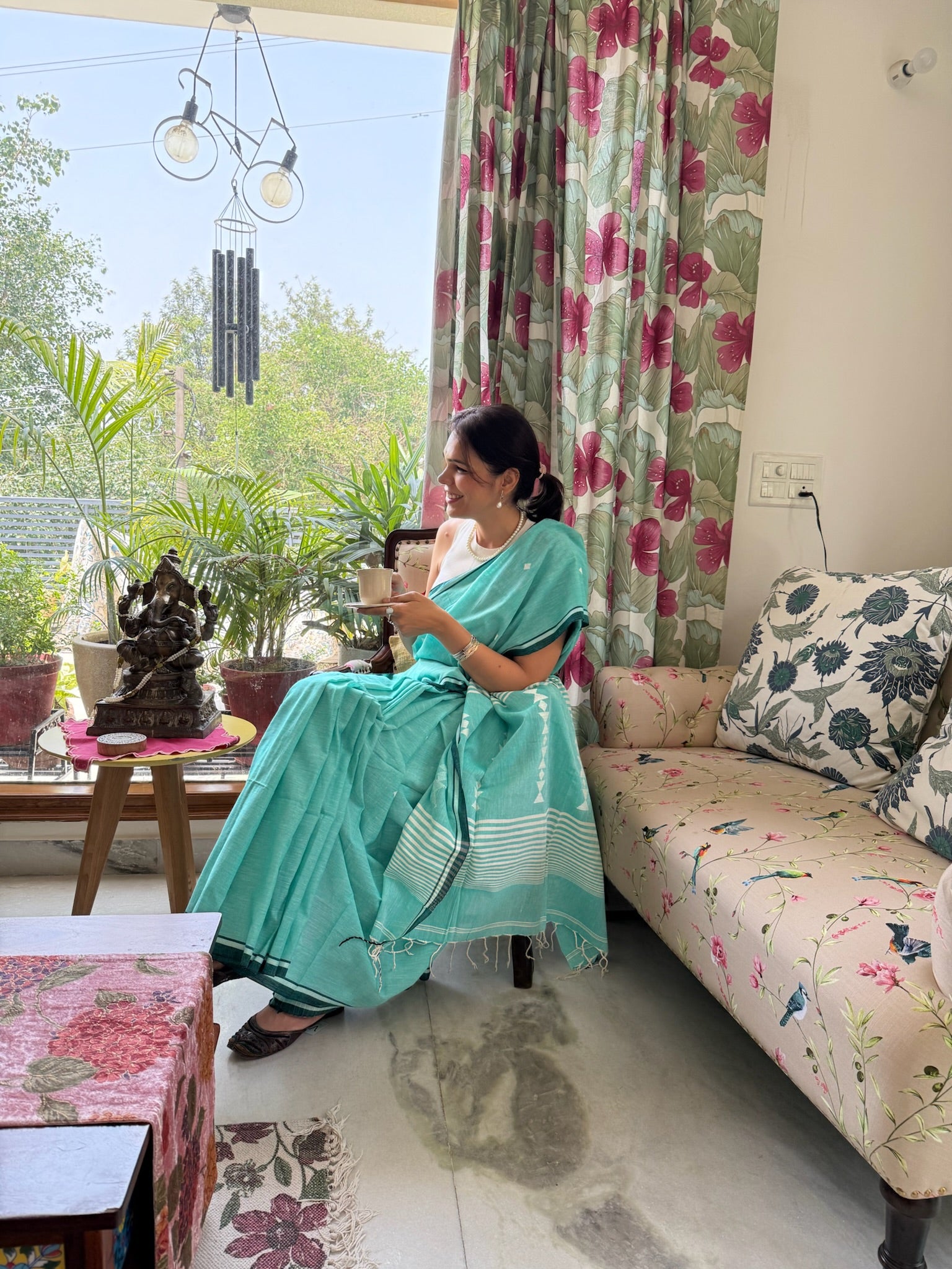 Fresh Aqua Teal Base With A Subtle Sheen Pure Cotton Jamdani Saree