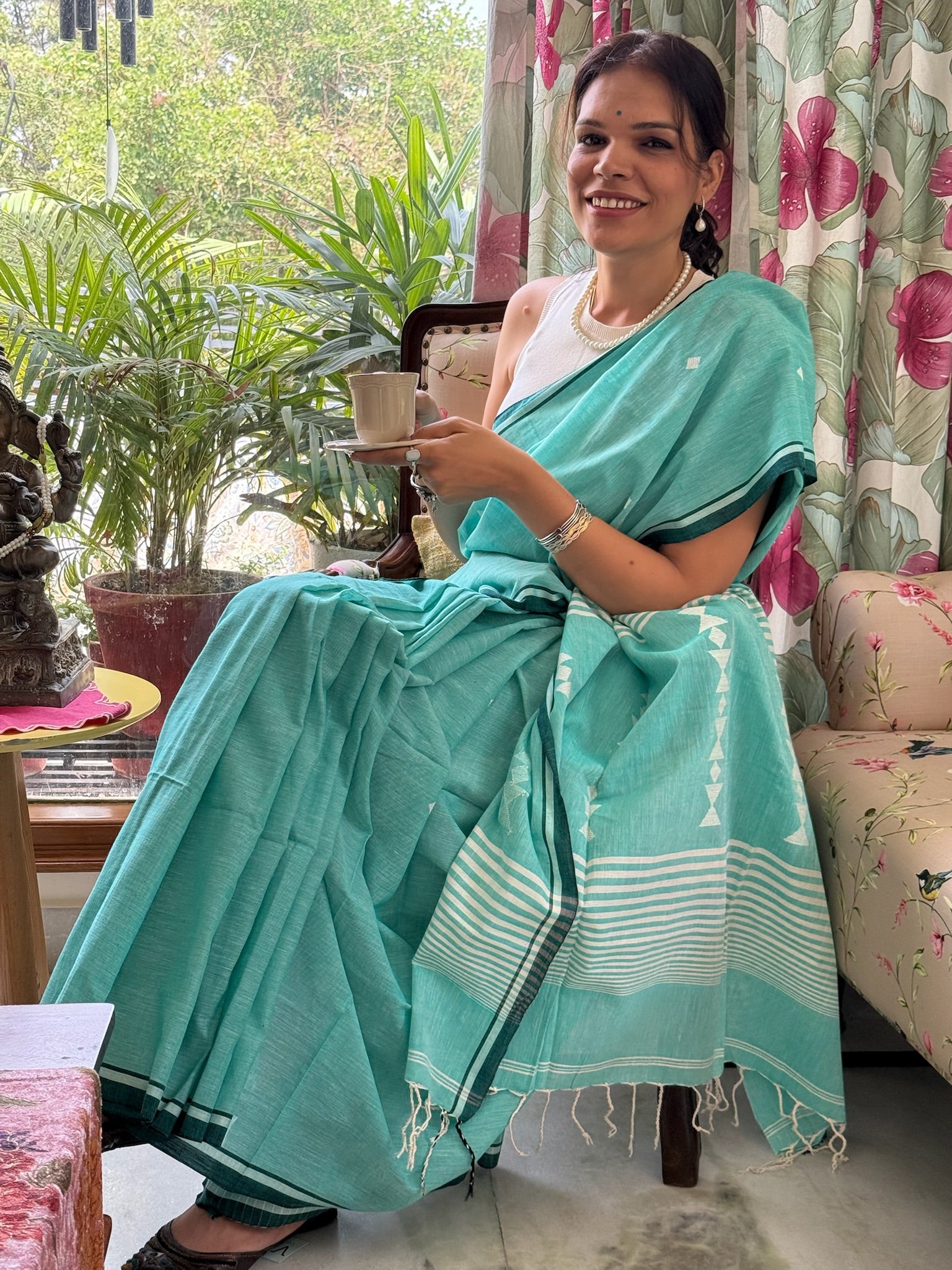 Fresh Aqua Teal Base With A Subtle Sheen Pure Cotton Jamdani Saree