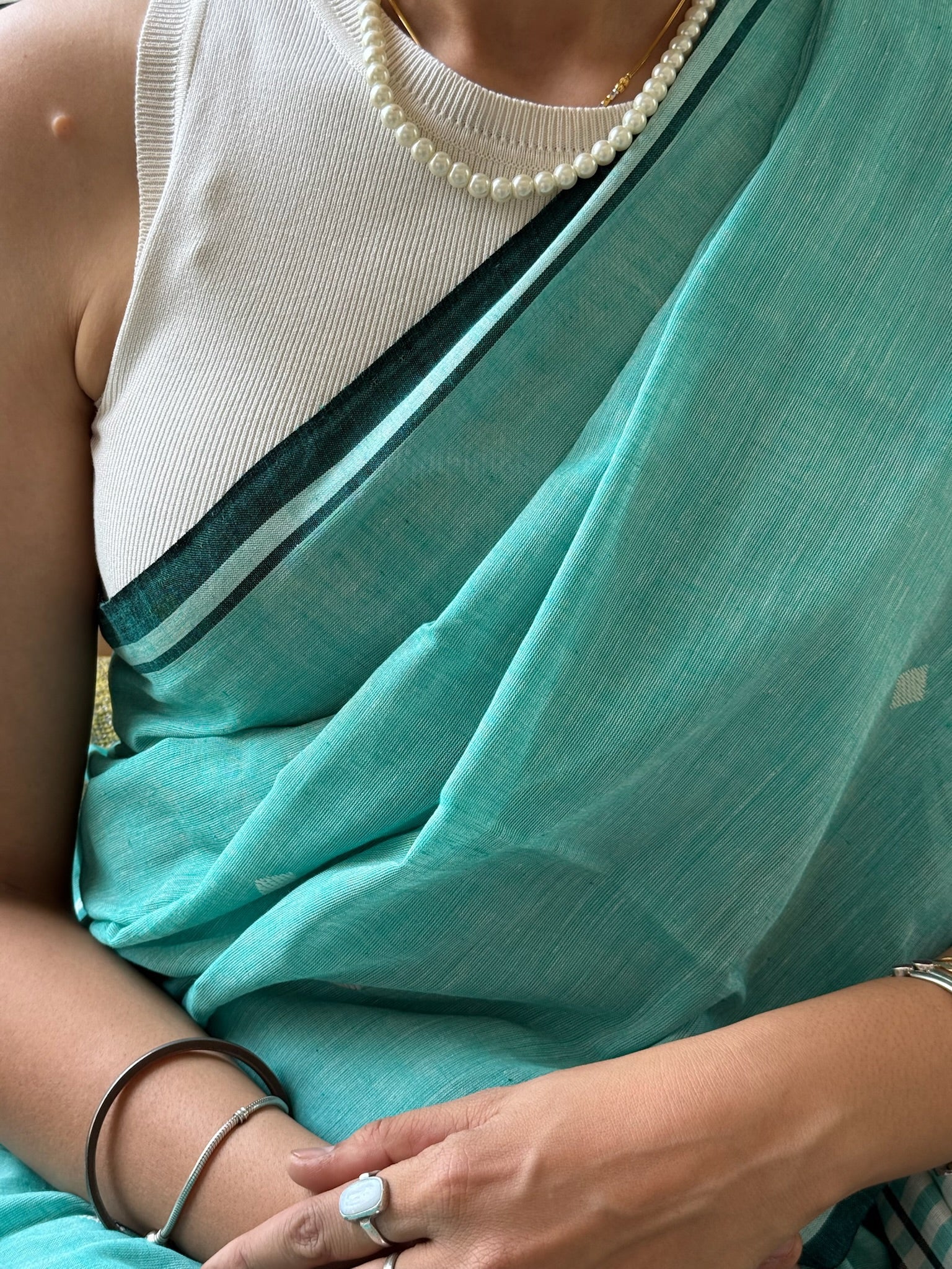 Fresh Aqua Teal Base With A Subtle Sheen Pure Cotton Jamdani Saree