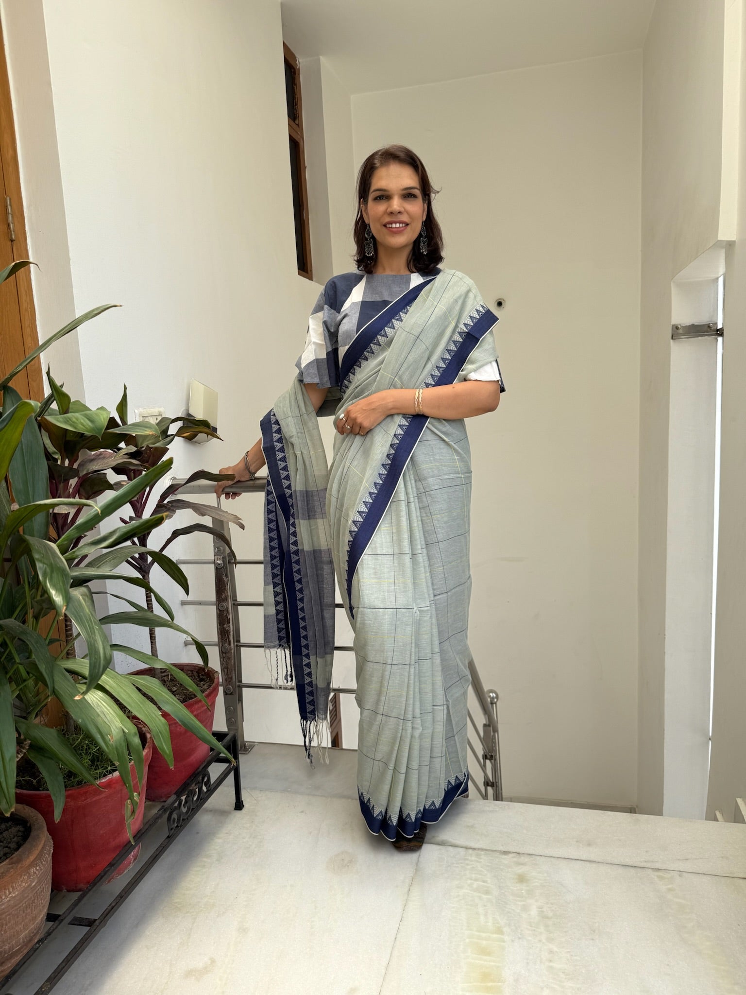 Elegant Light Grey Cotton Saree With Check And Temple Border