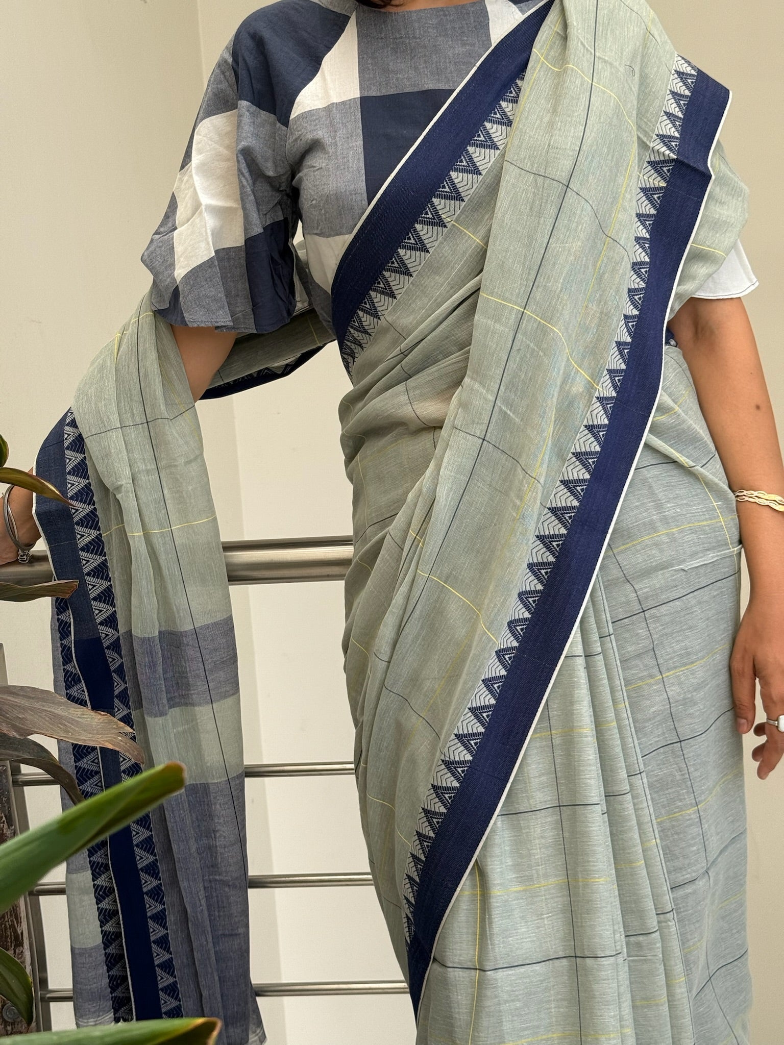 Elegant Light Grey Cotton Saree With Check And Temple Border