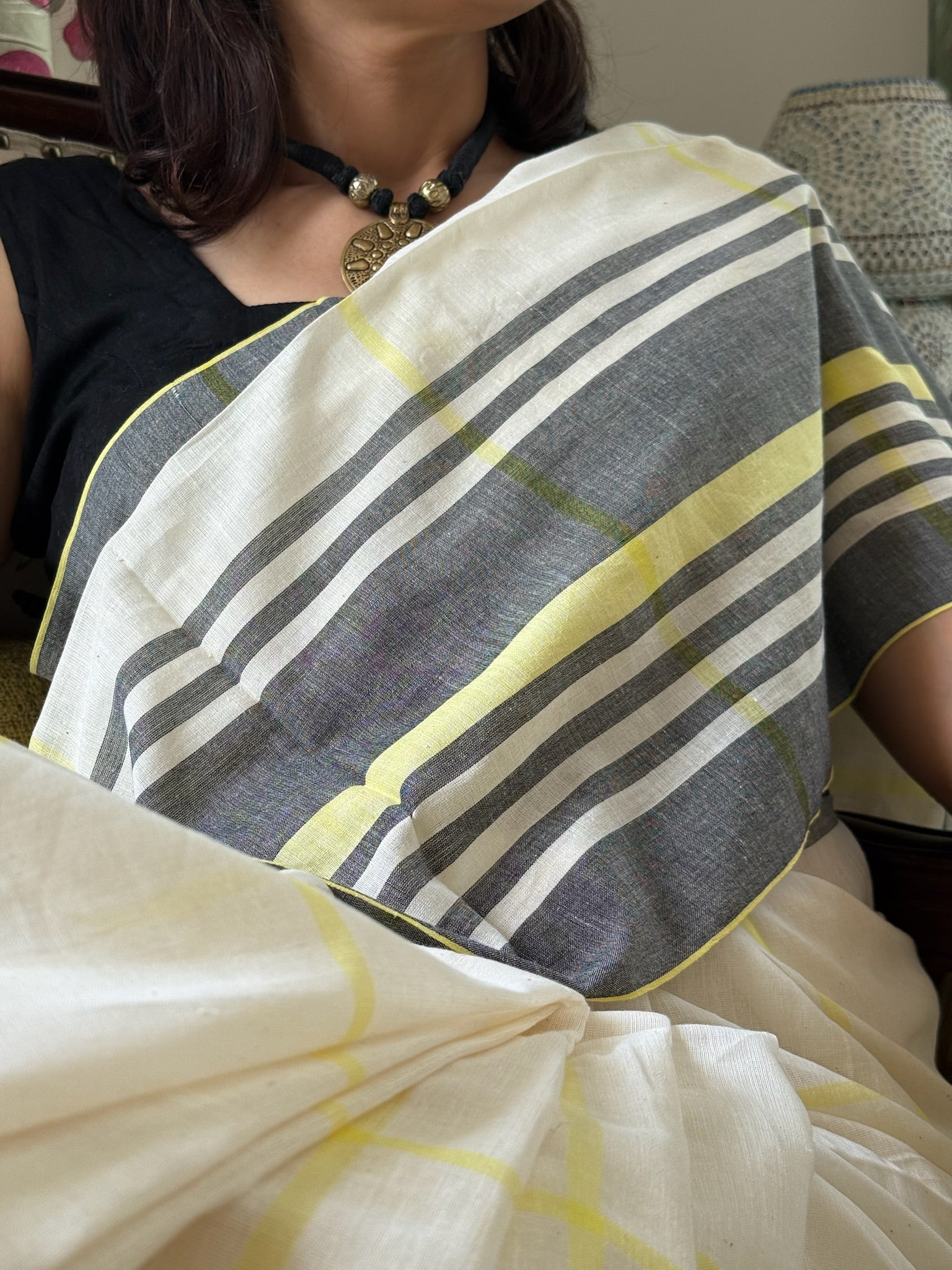 Elegant Off White Or Crimson Cotton Saree With Check And Stripe Border