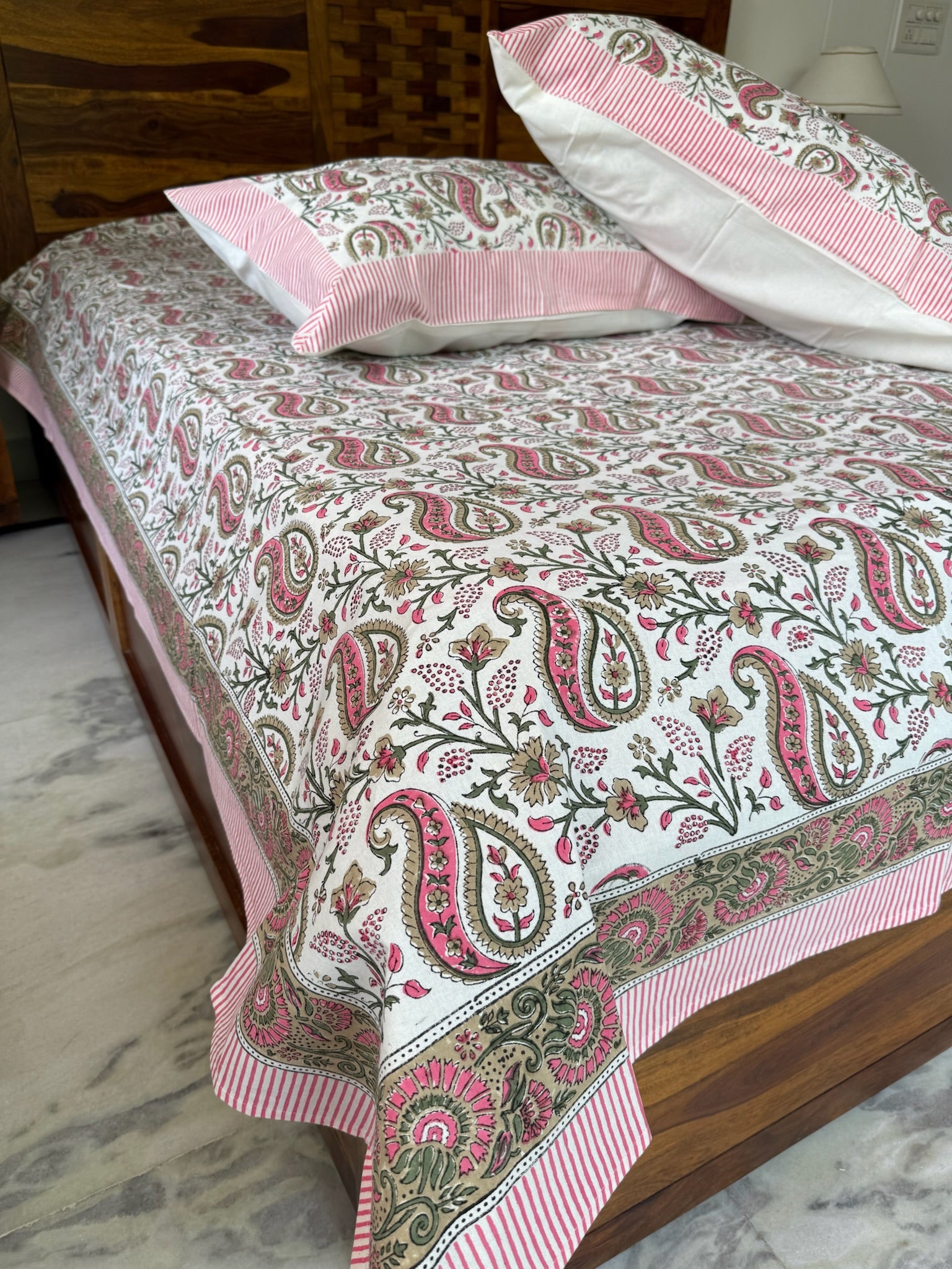 Hand Block Printed Ivory Paisley Cotton Bedsheet with Pink & Green Motifs (with Pillow Covers)