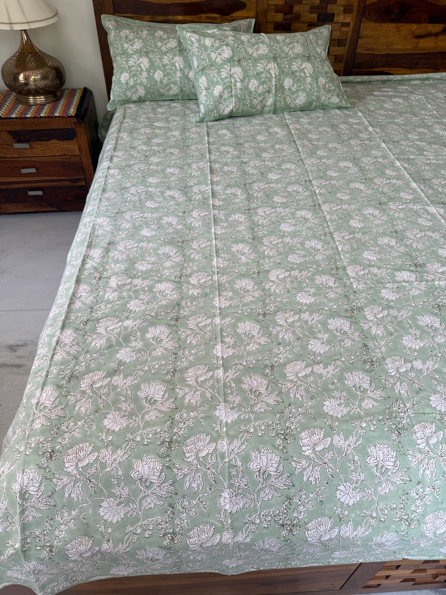 Hand Block Printed Pastel Green Floral Cotton Bedsheet with White Print (with Pillow Covers)