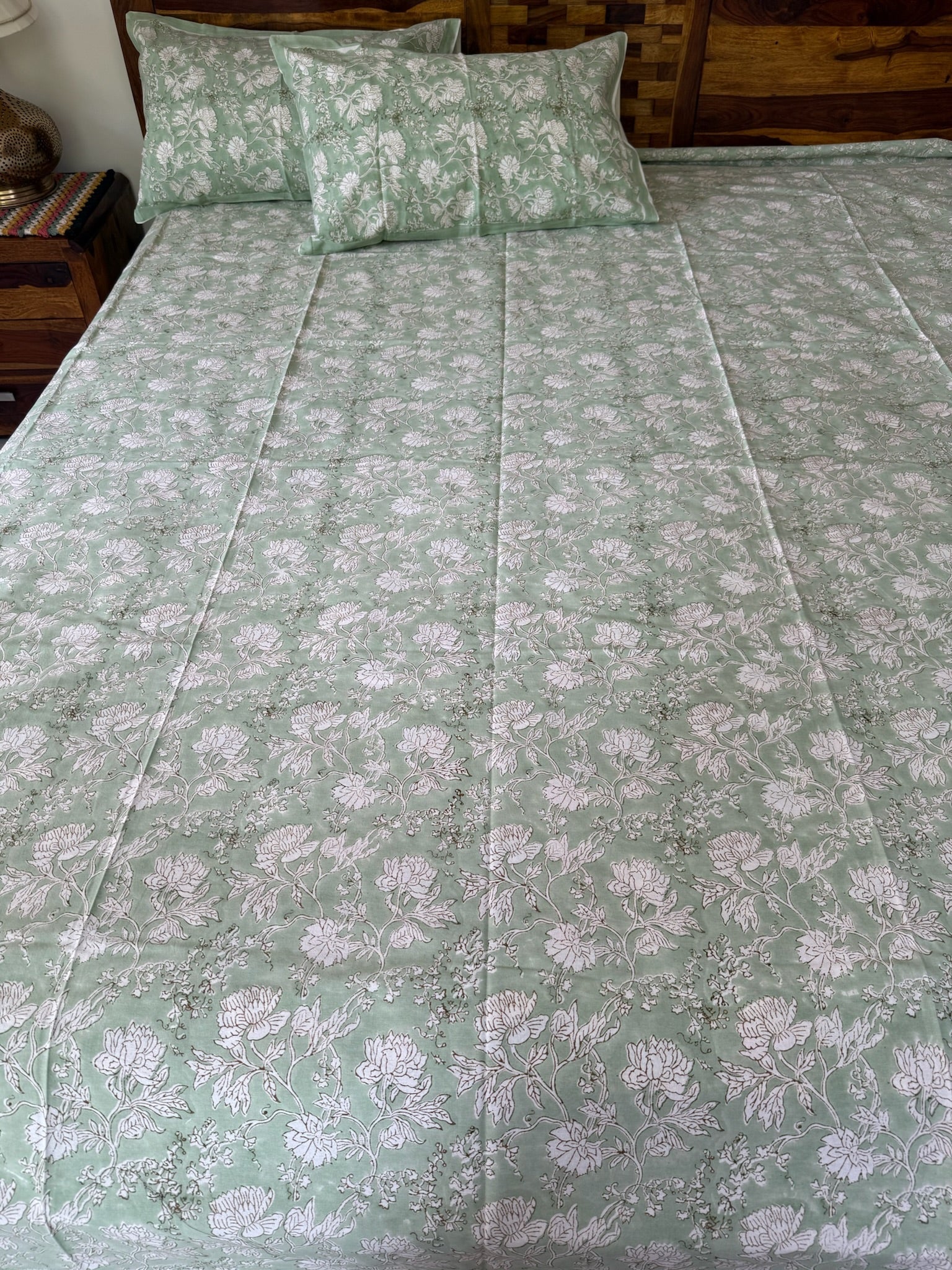 Hand Block Printed Pastel Green Floral Cotton Bedsheet with White Print (with Pillow Covers)