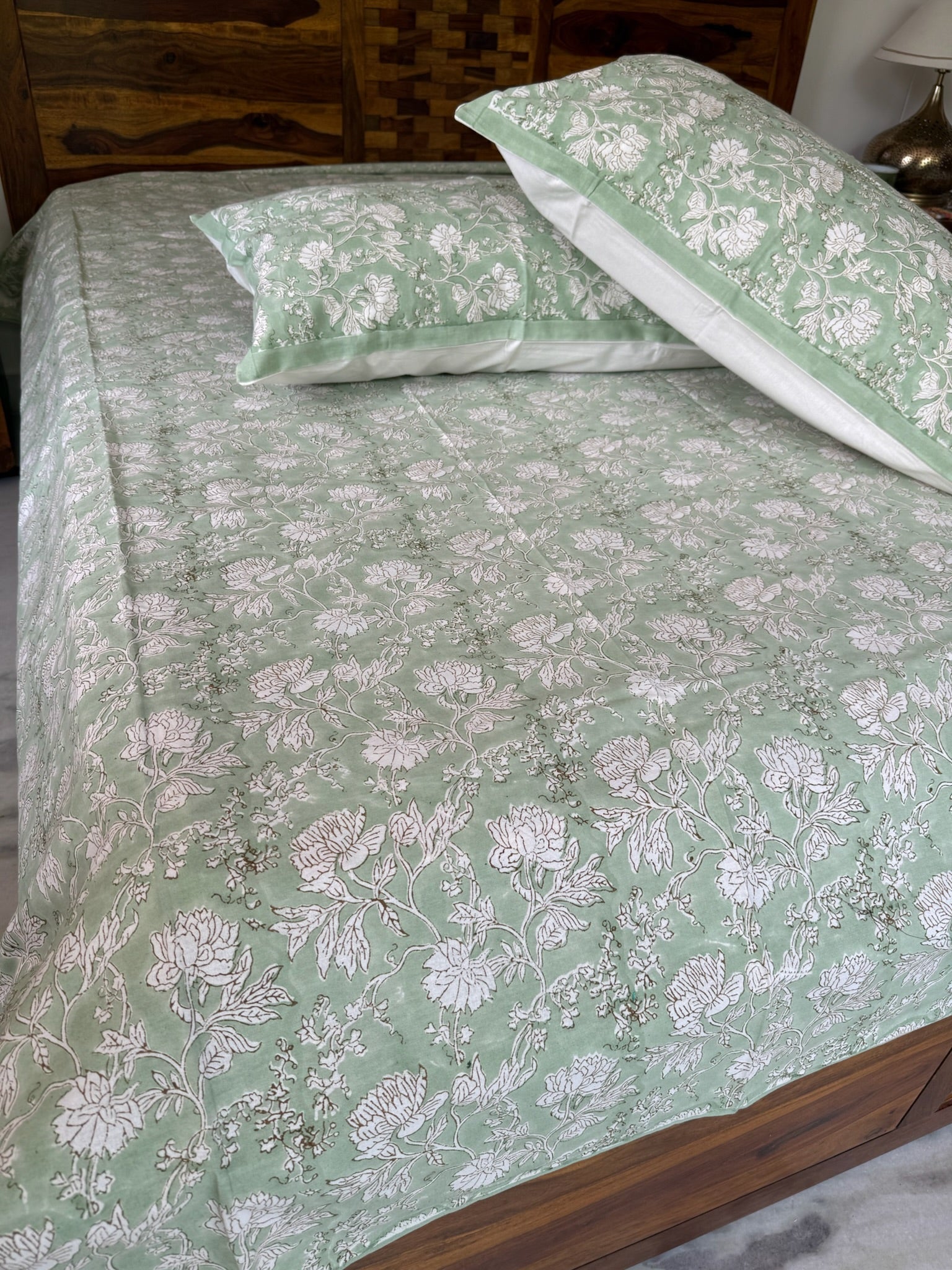 Hand Block Printed Pastel Green Floral Cotton Bedsheet with White Print (with Pillow Covers)