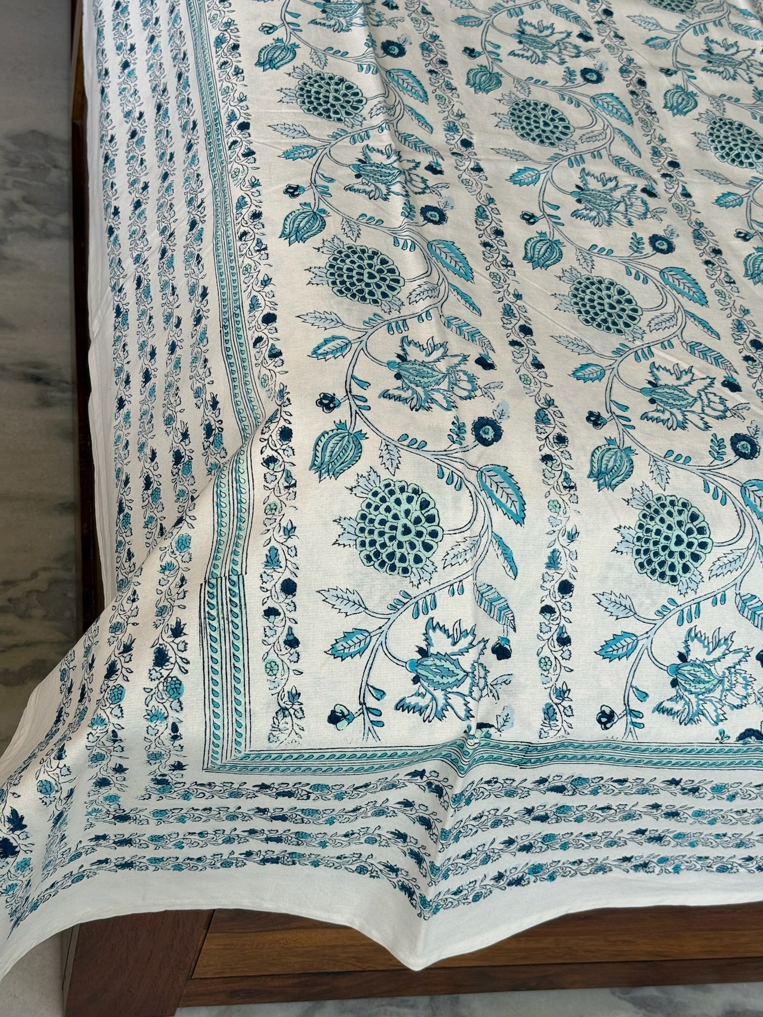 Hand Block Printed White Floral Cotton Bedsheet with Blue & Teal Print (with Pillow Covers)