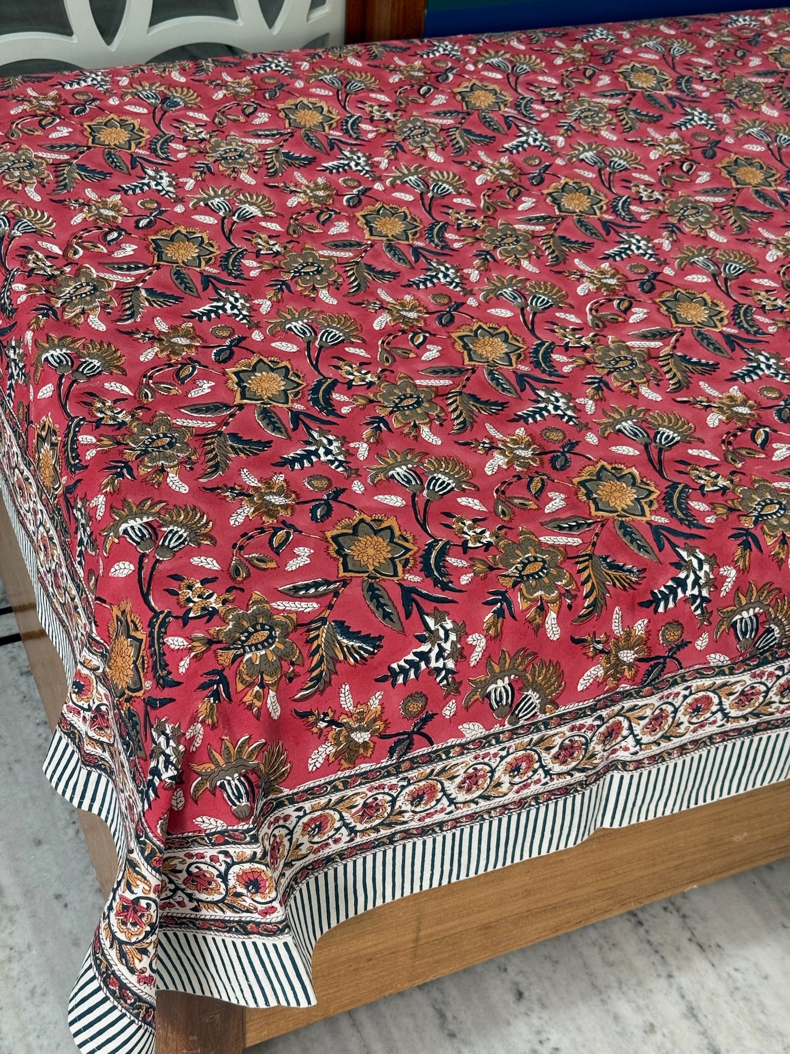 Hand Block Printed Red Floral Cotton Bedsheet with White & Black Border