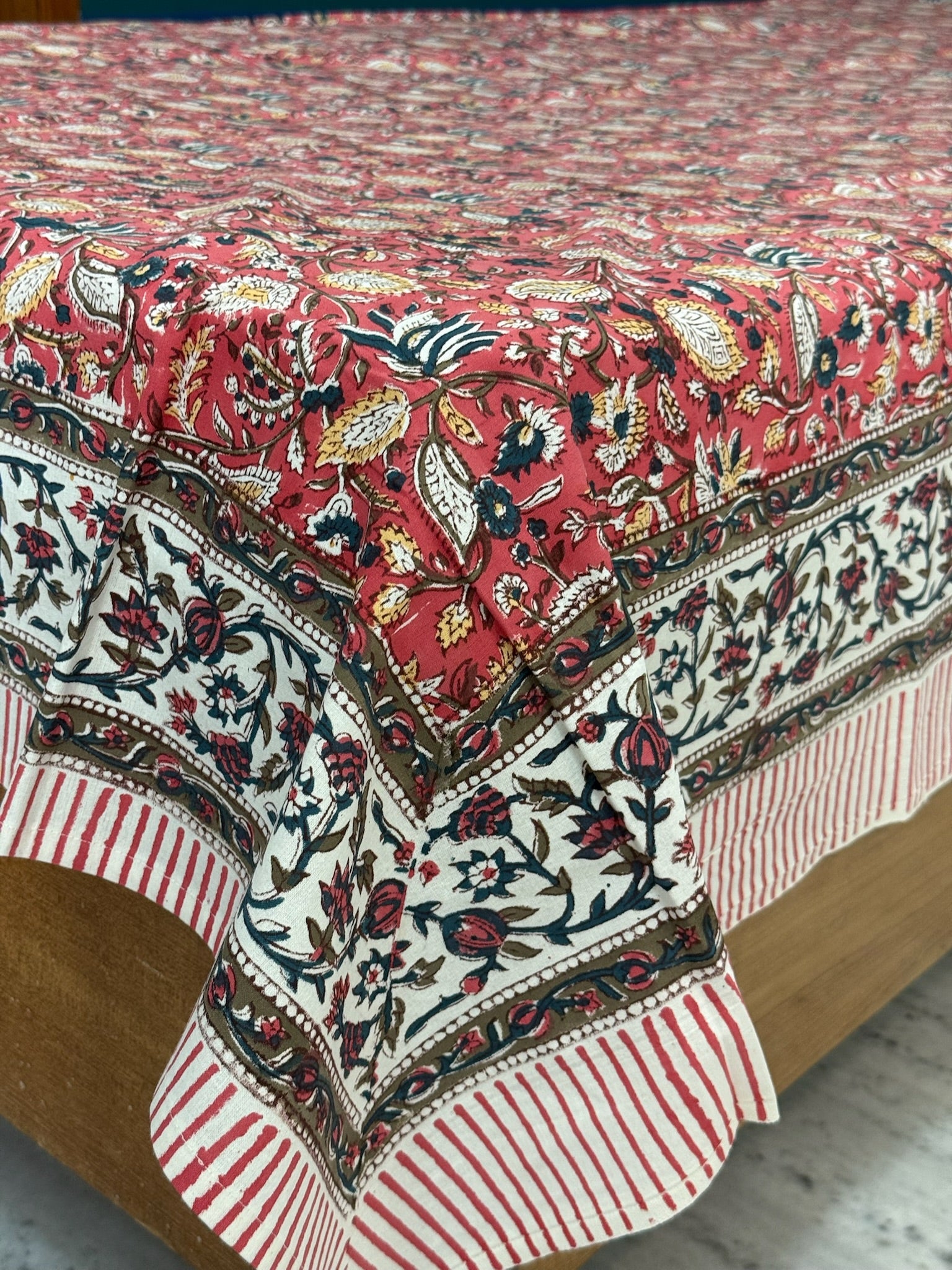 Hand Block Printed Red Floral Cotton Bedsheet with White & Black Border