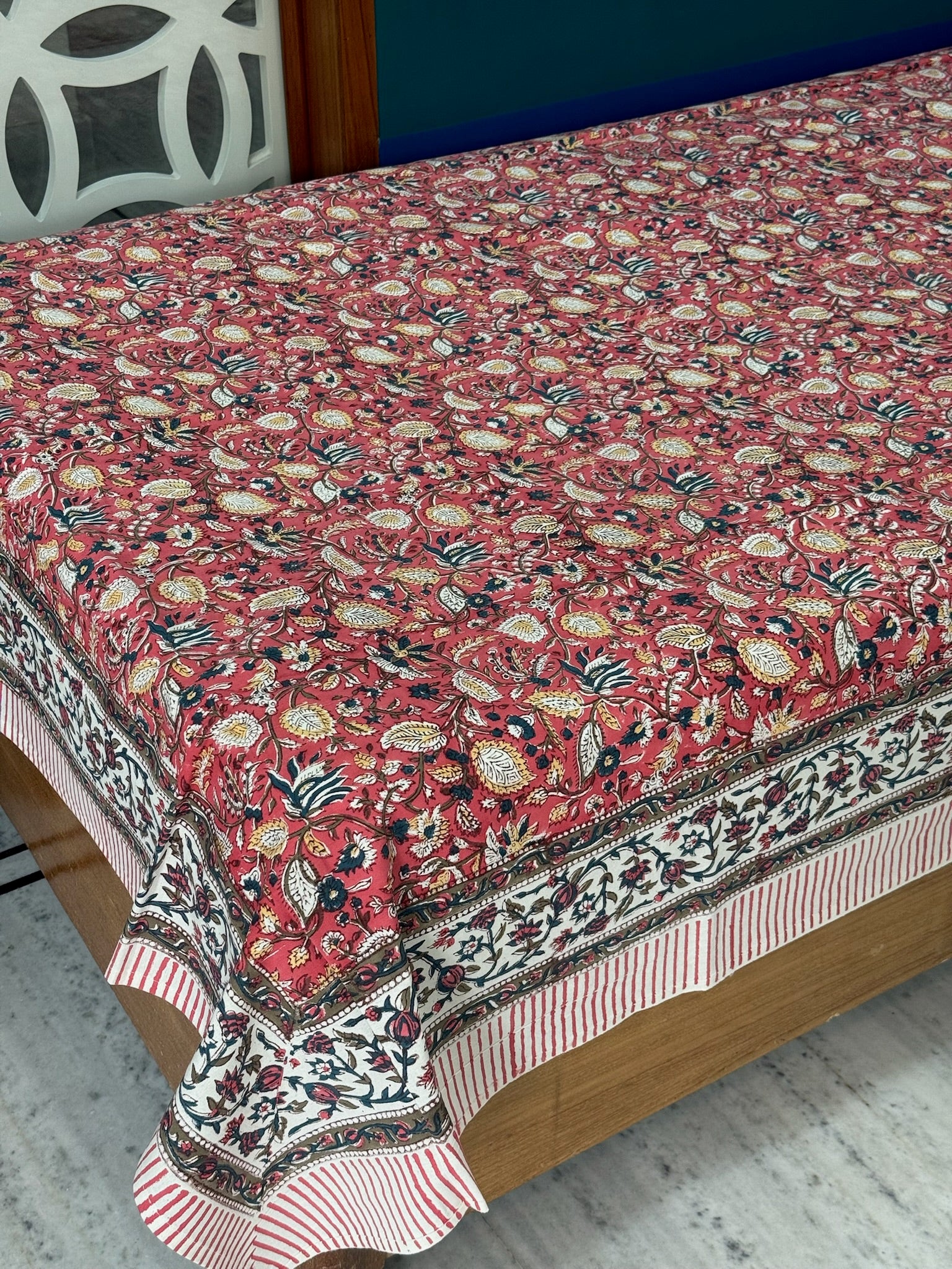 Hand Block Printed Red Floral Cotton Bedsheet with White & Black Border