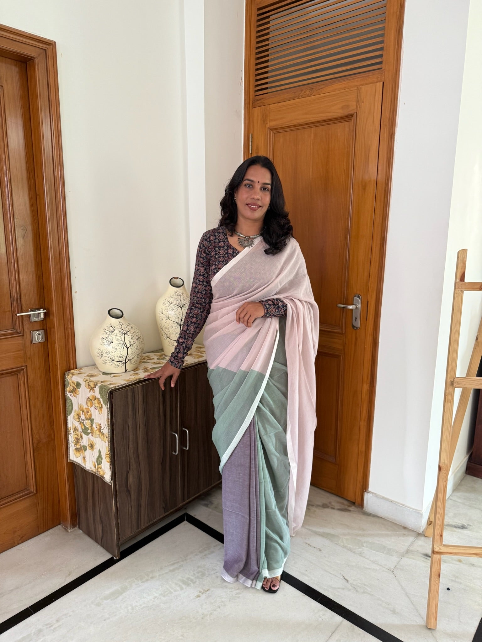 Tricolor Pure Mul Cotton Saree