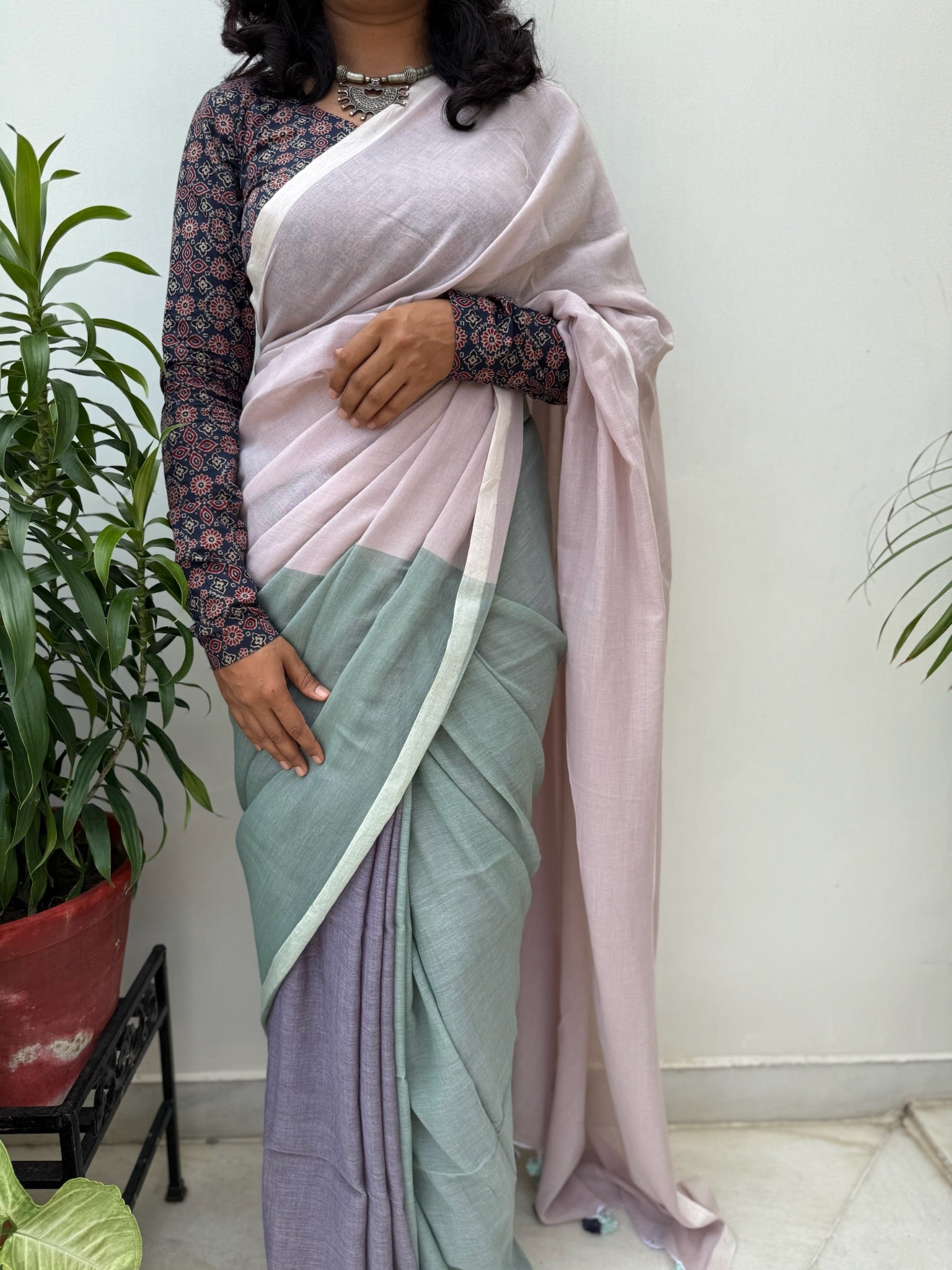 Tricolor Pure Mul Cotton Saree