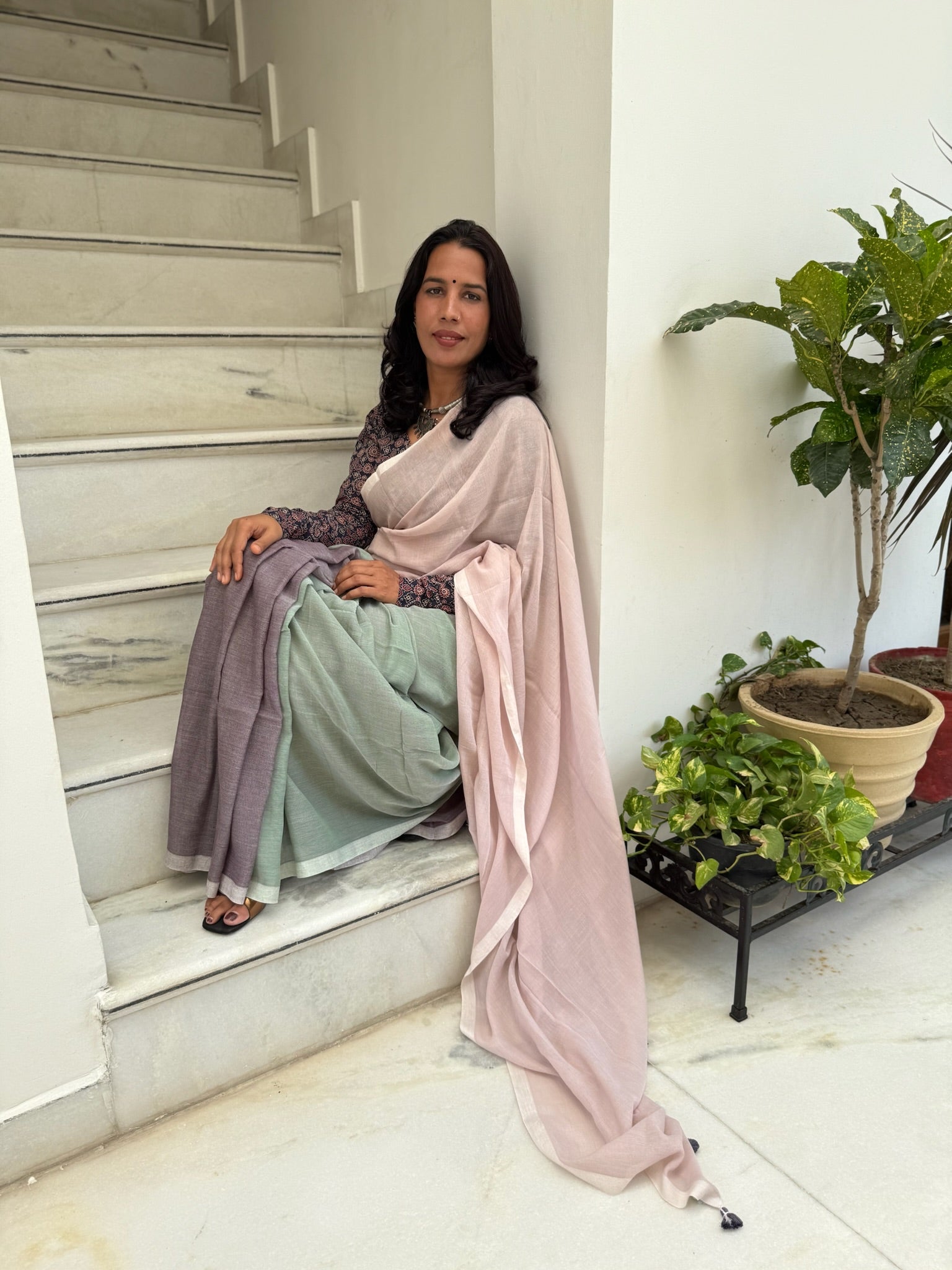 Tricolor Pure Mul Cotton Saree