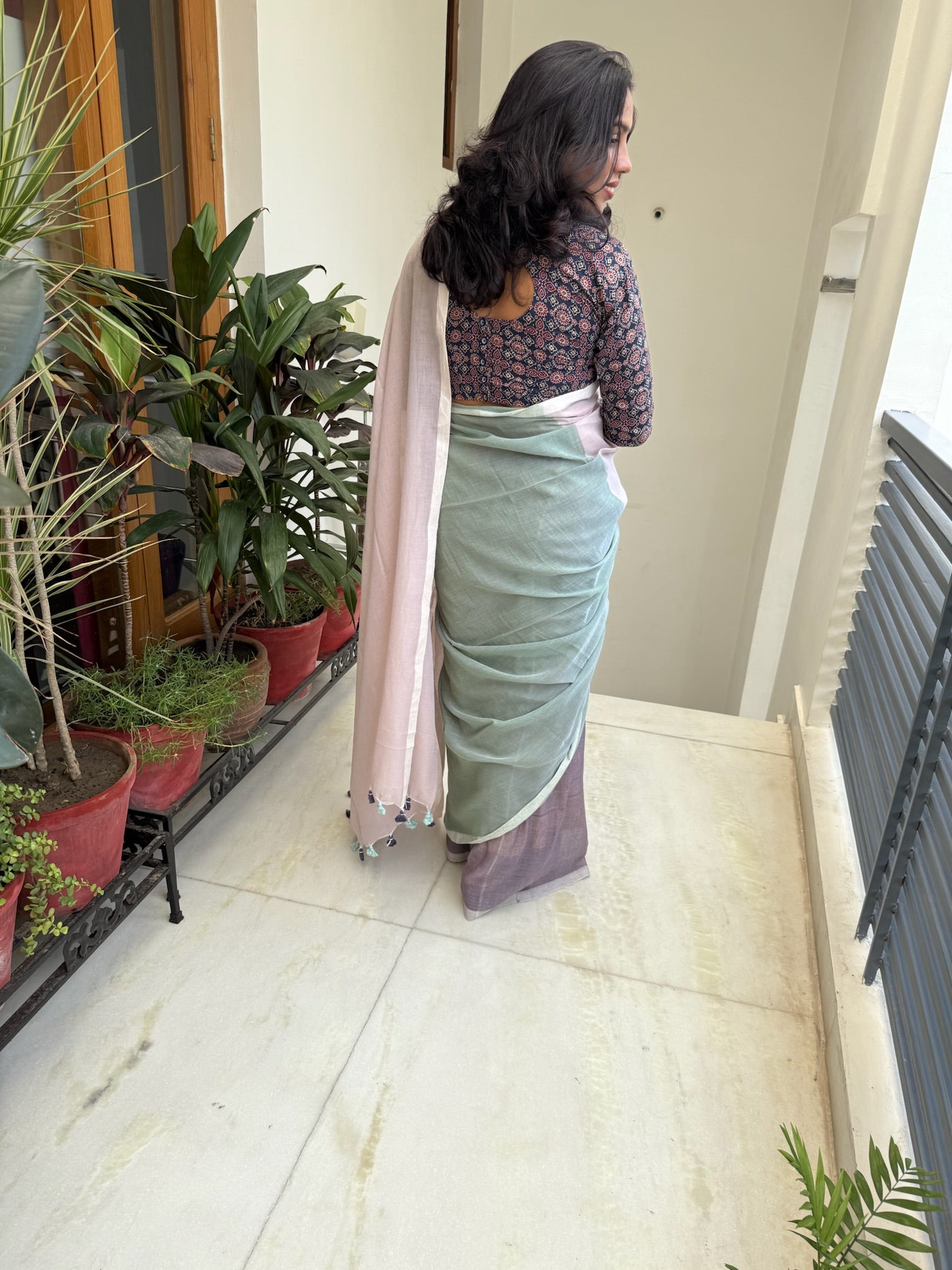 Tricolor Pure Mul Cotton Saree