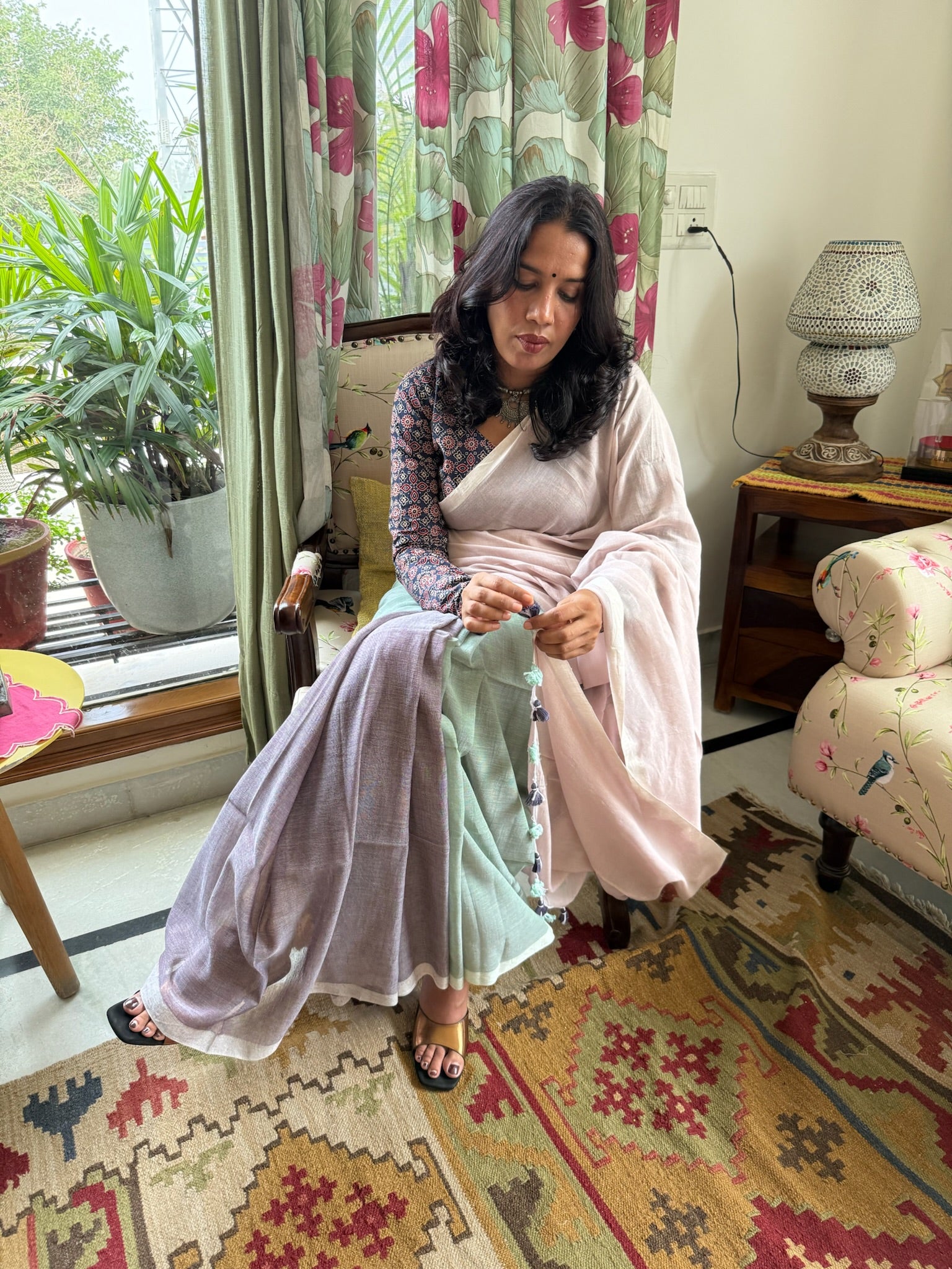 Tricolor Pure Mul Cotton Saree