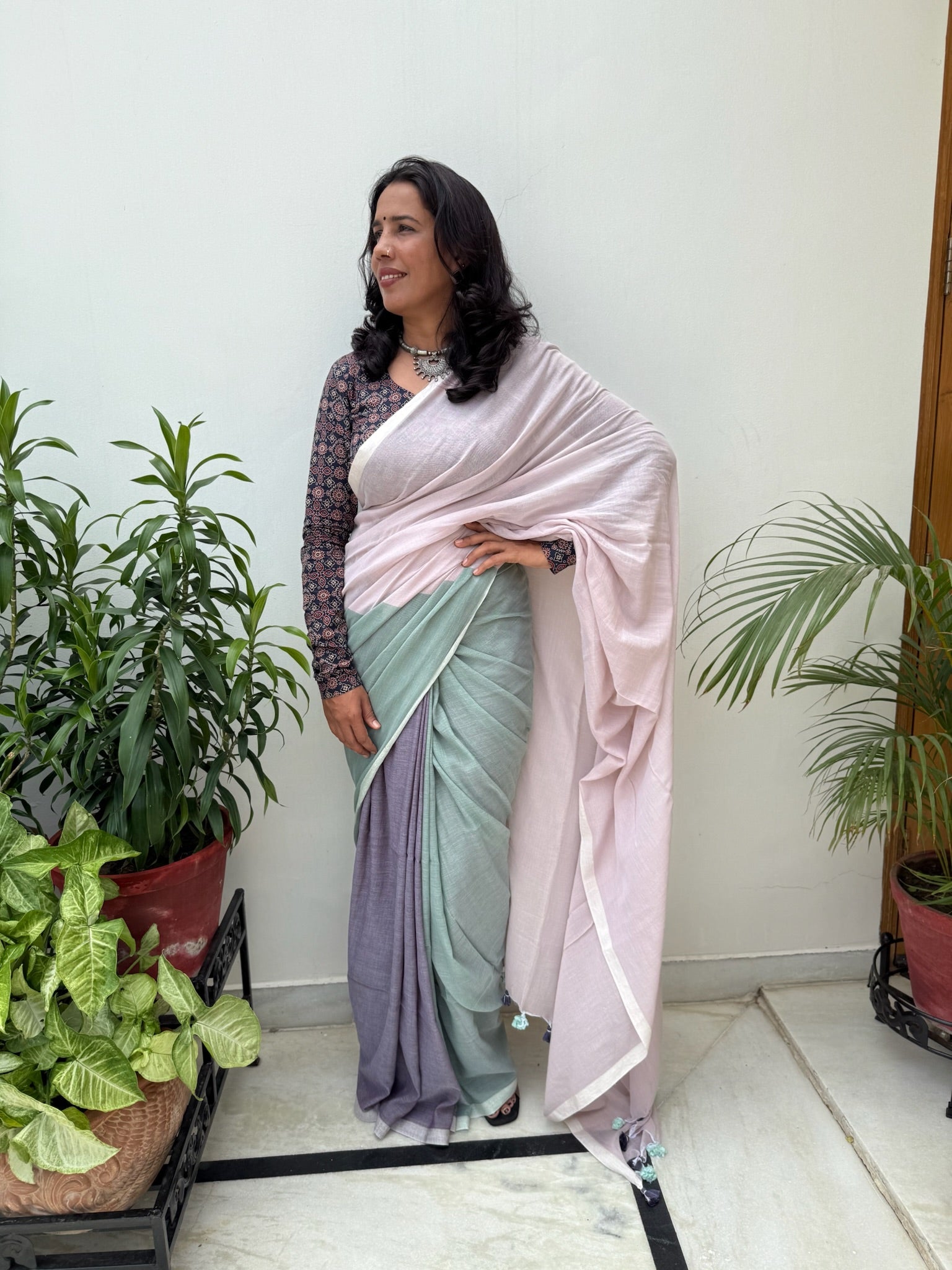 Tricolor Pure Mul Cotton Saree