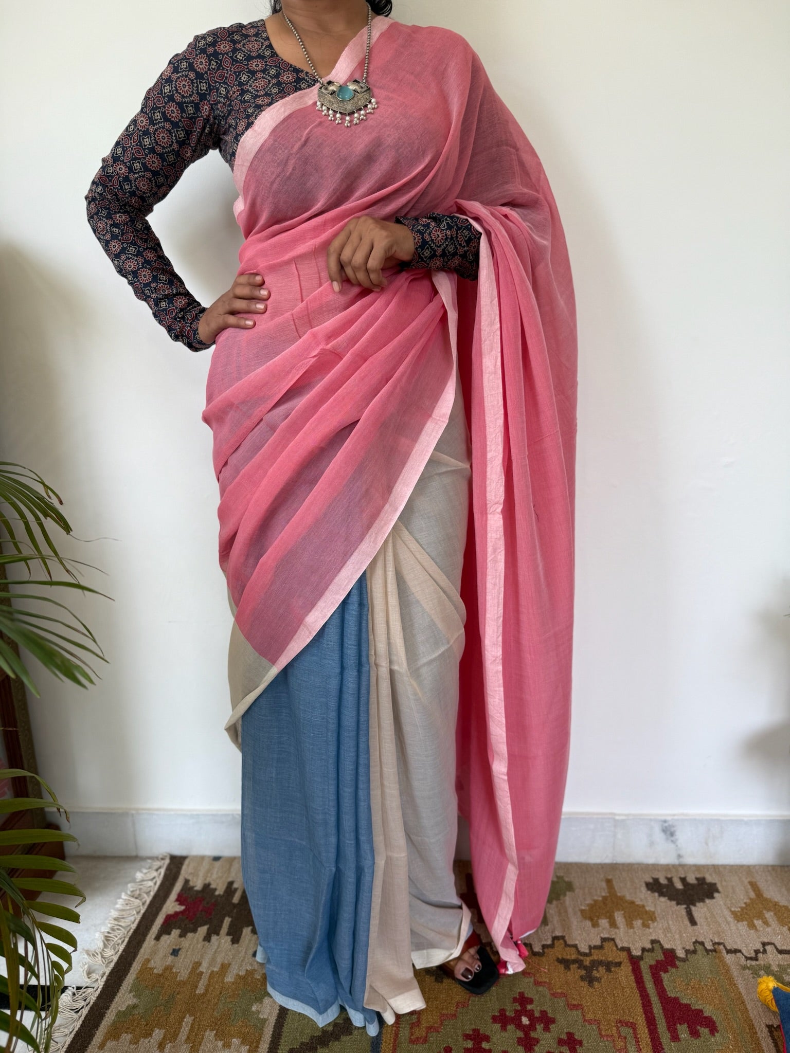 Tricolor Pure Mul Cotton Saree