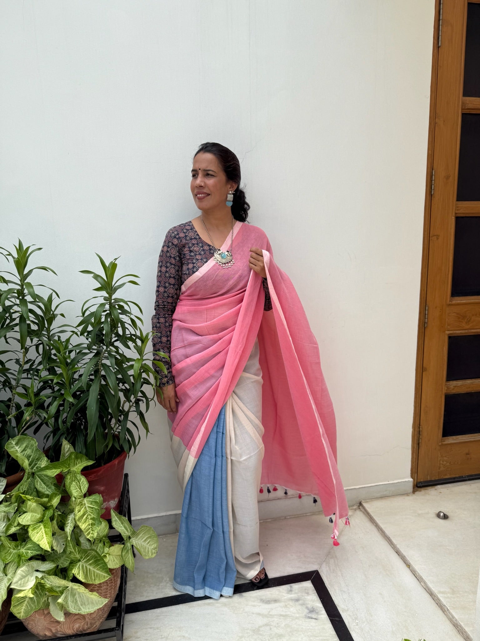 Tricolor Pure Mul Cotton Saree