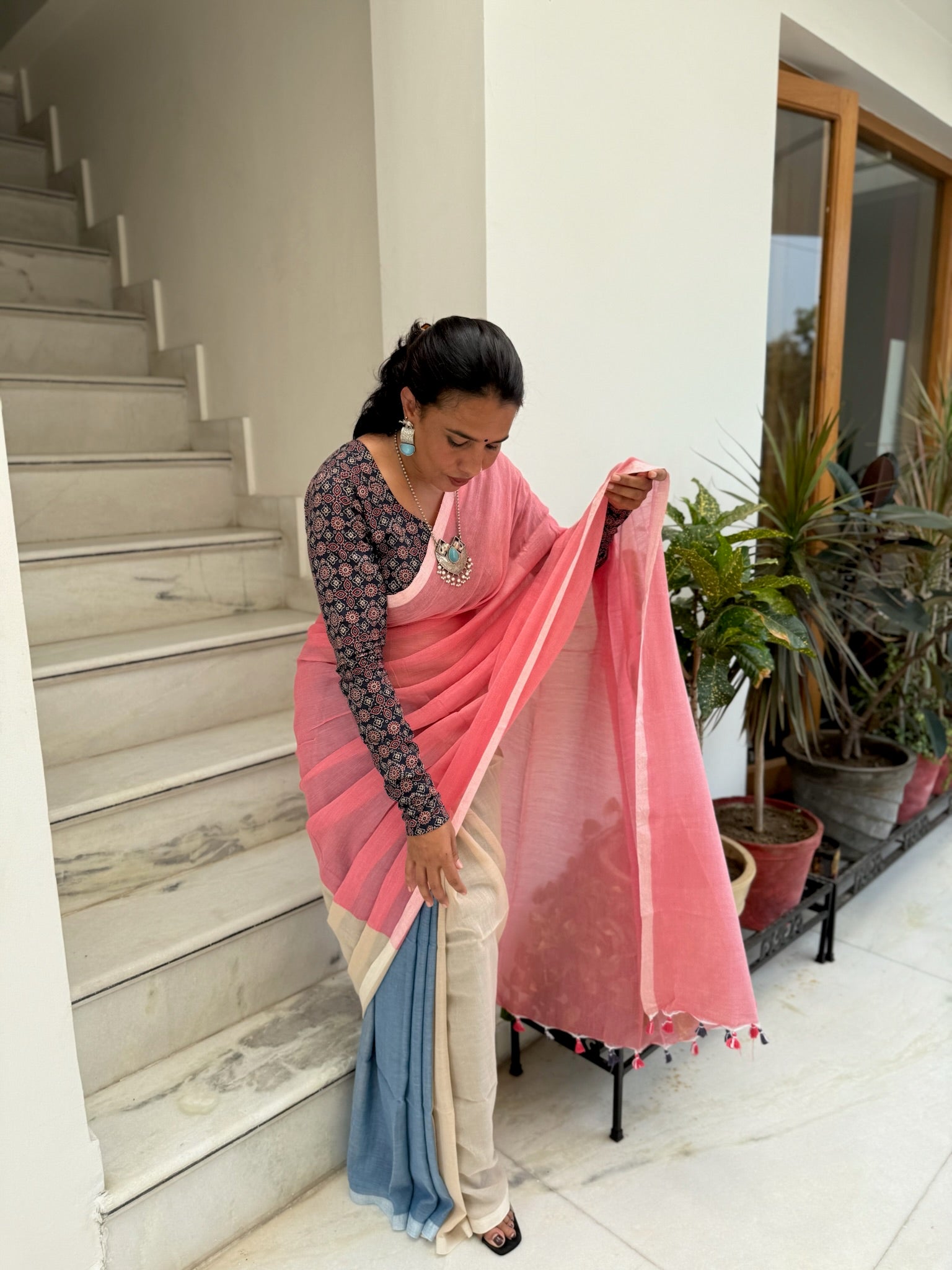 Tricolor Pure Mul Cotton Saree