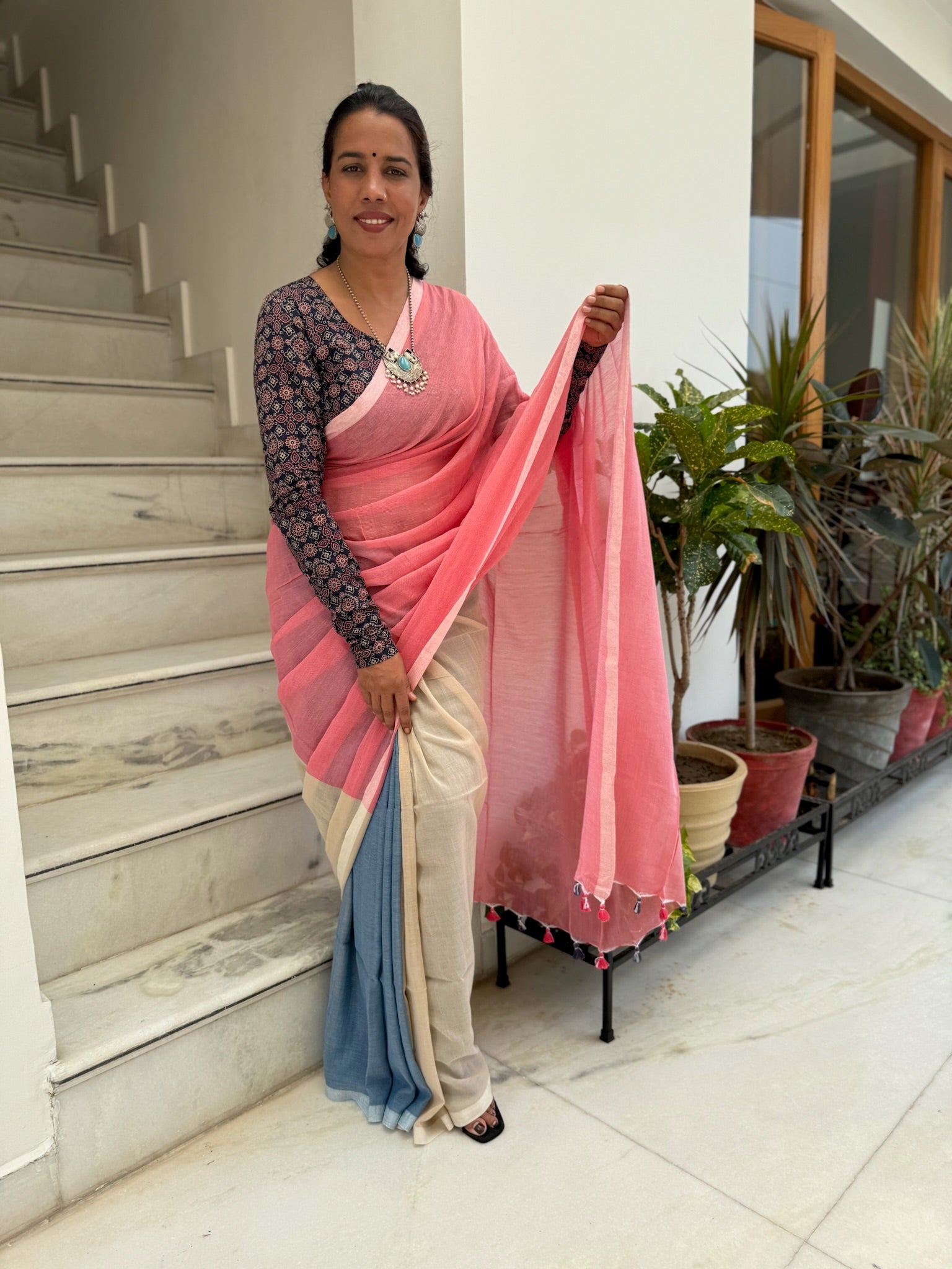 Tricolor Pure Mul Cotton Saree