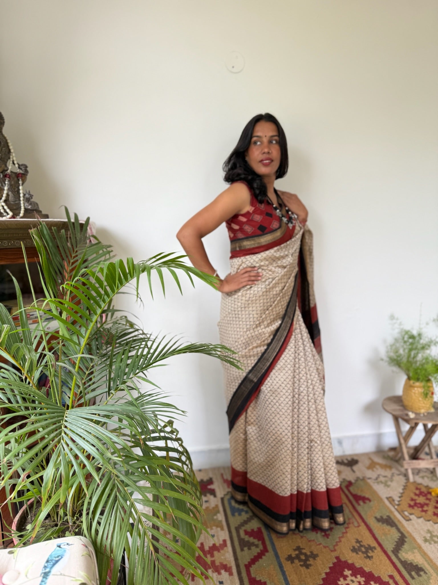 Beige with Ethnic Maroon Block Print Cotton Silk Maheshwari Saree