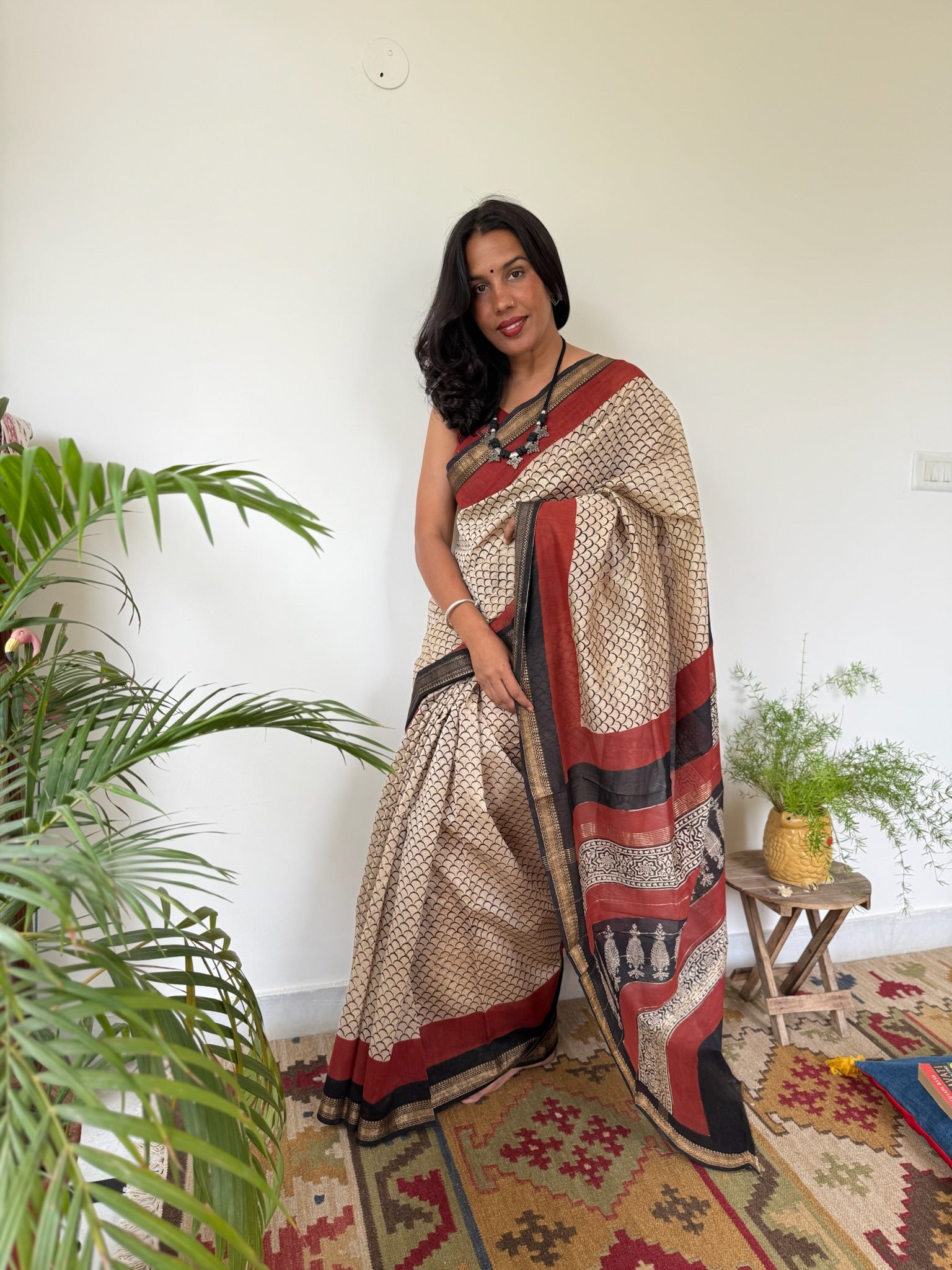 Beige with Ethnic Maroon Block Print Cotton Silk Maheshwari Saree