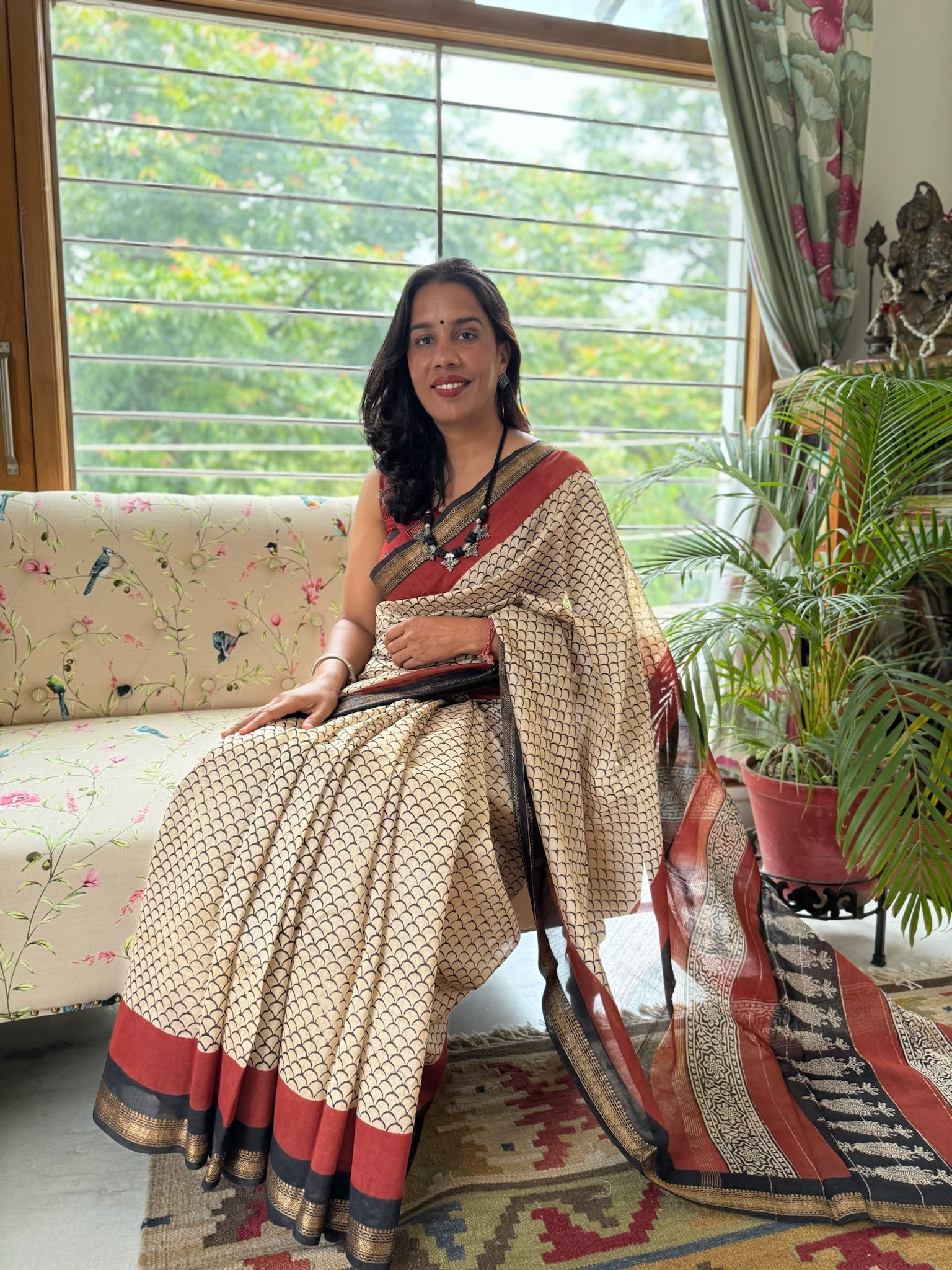 Beige with Ethnic Maroon Block Print Cotton Silk Maheshwari Saree