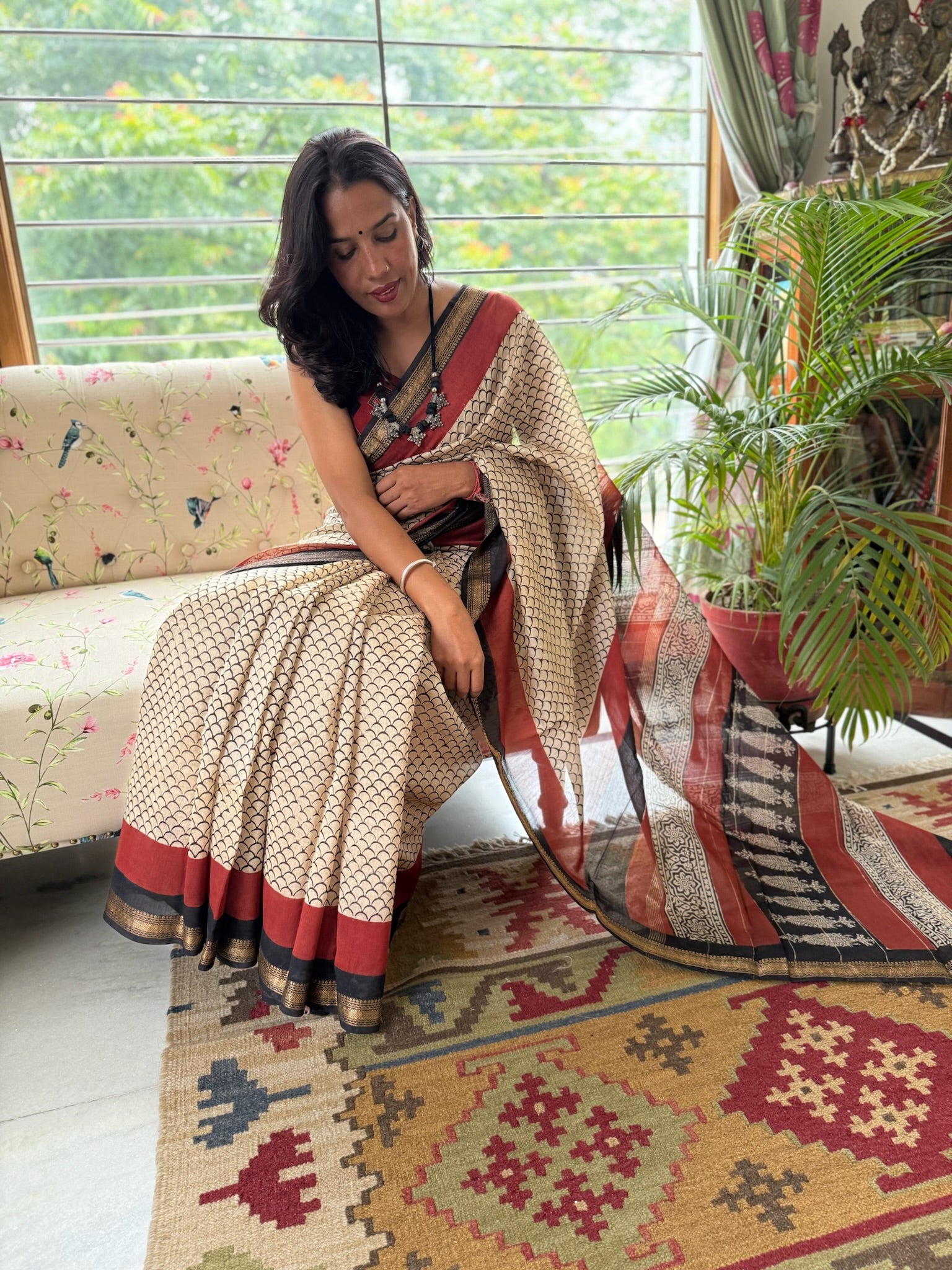 Beige with Ethnic Maroon Block Print Cotton Silk Maheshwari Saree