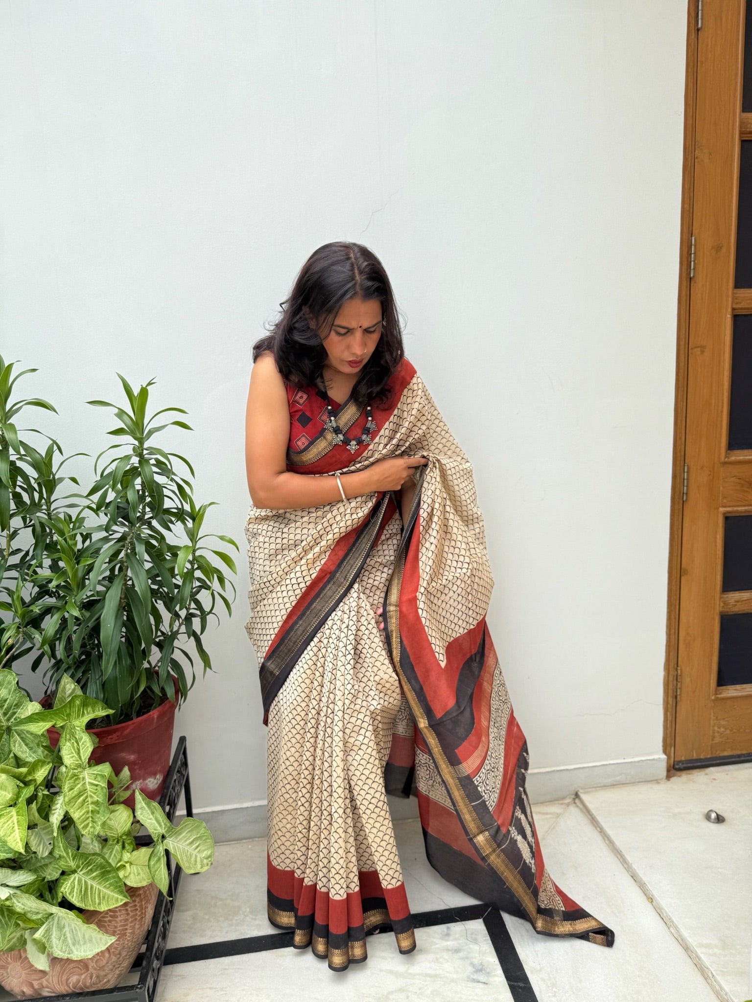 Beige with Ethnic Maroon Block Print Cotton Silk Maheshwari Saree
