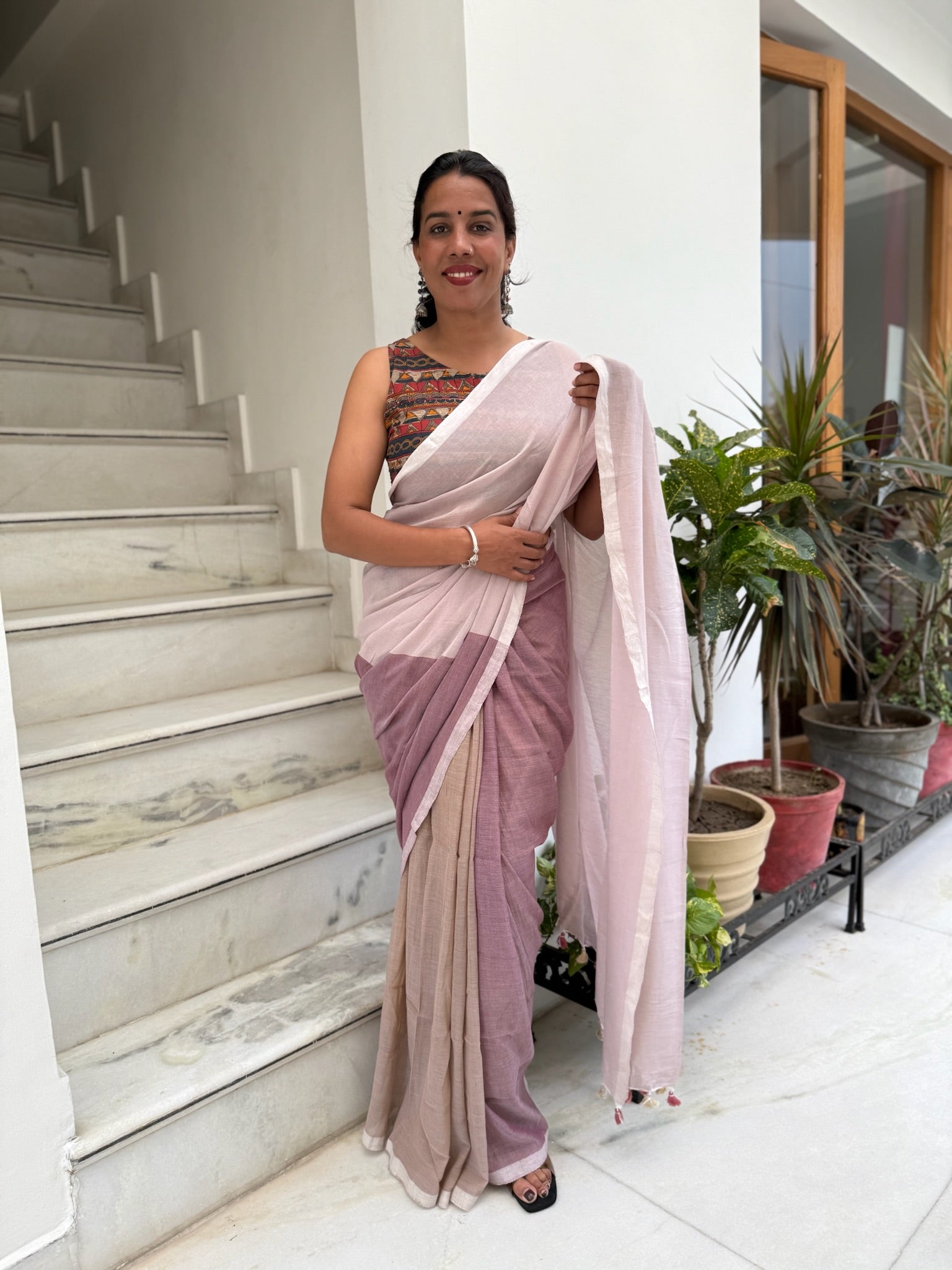 Tricolor Pure Mul Cotton Saree