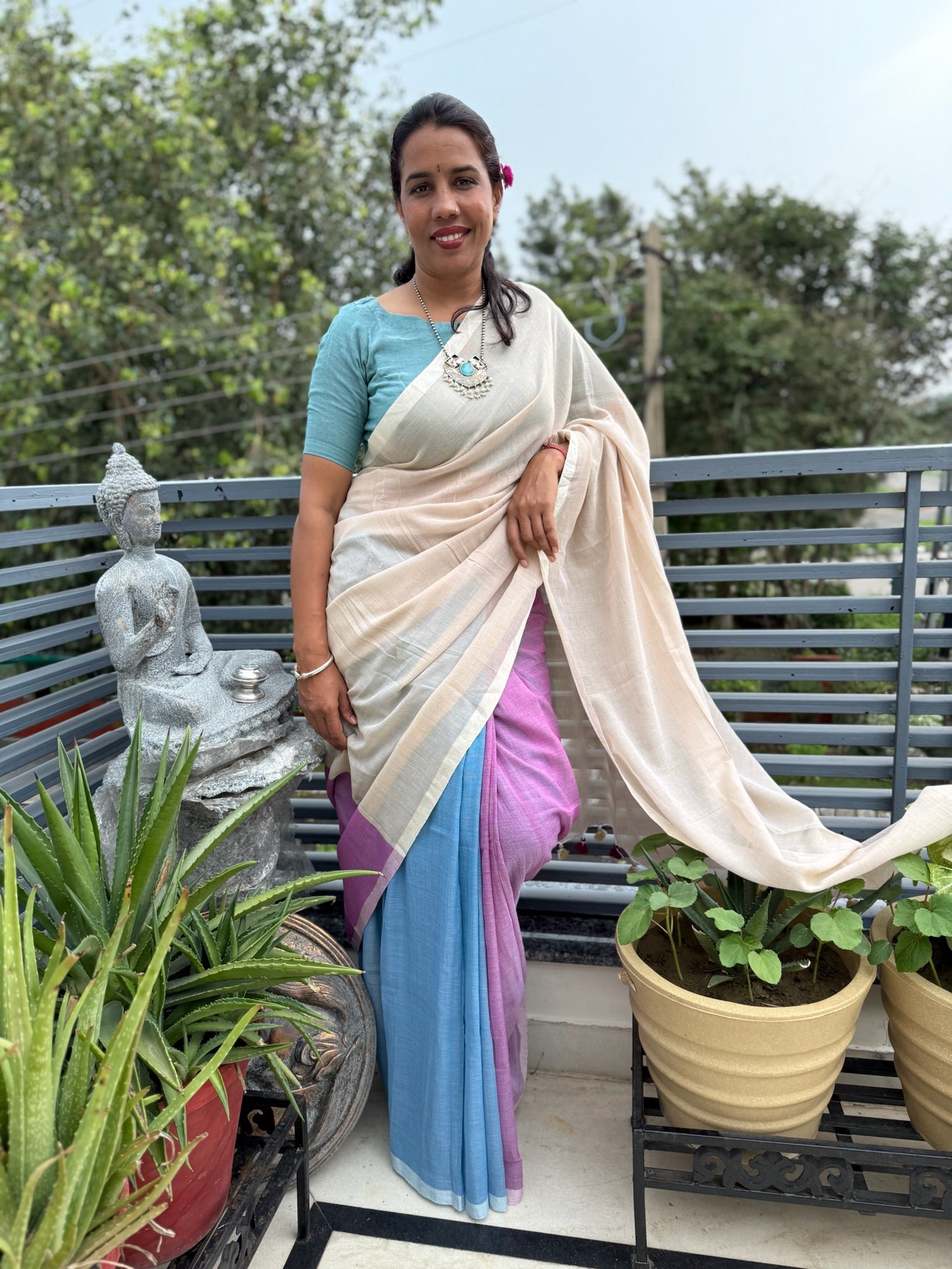 Tricolor Pure Mul Cotton Saree