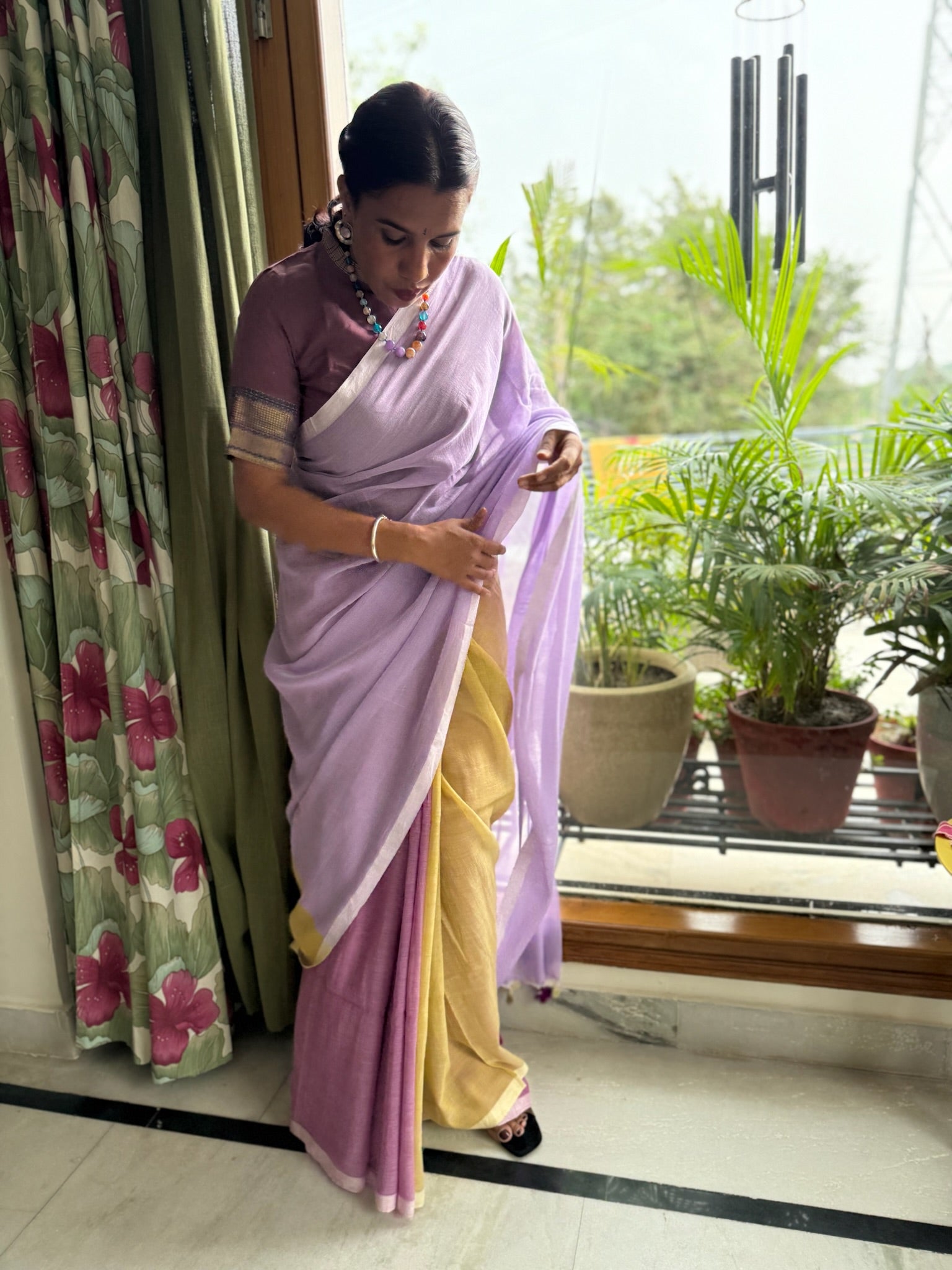 Tricolor Pure Mul Cotton Saree