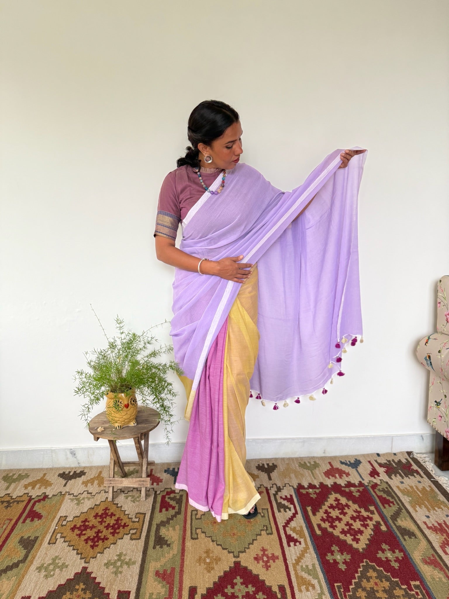 Tricolor Pure Mul Cotton Saree