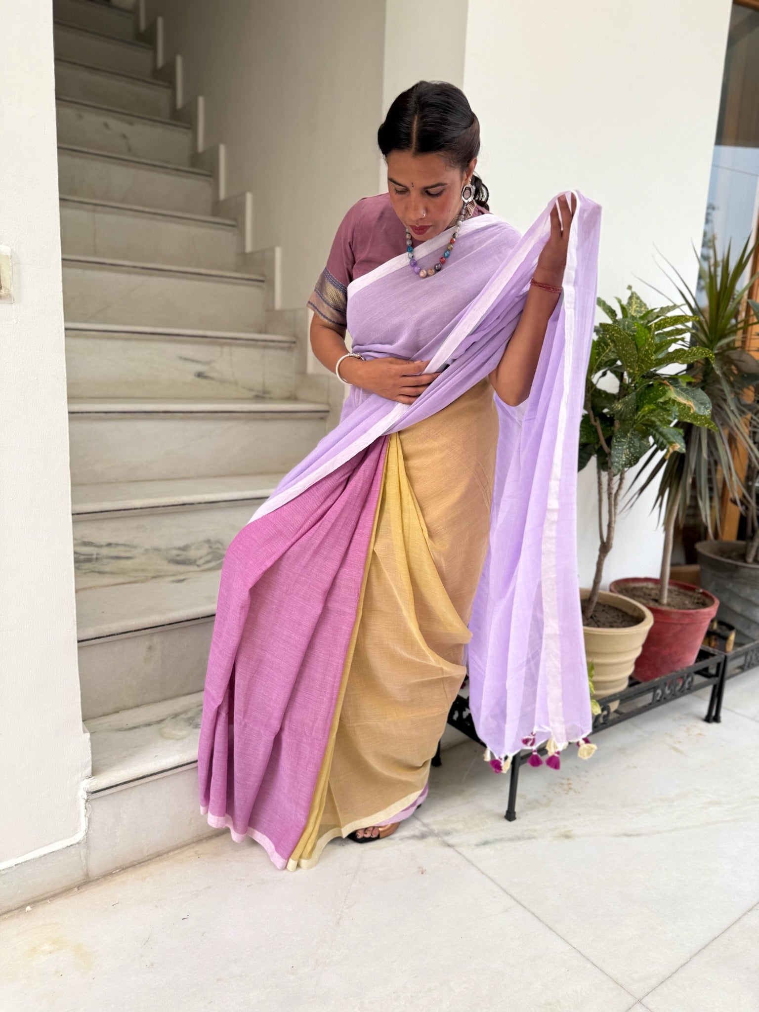 Tricolor Pure Mul Cotton Saree