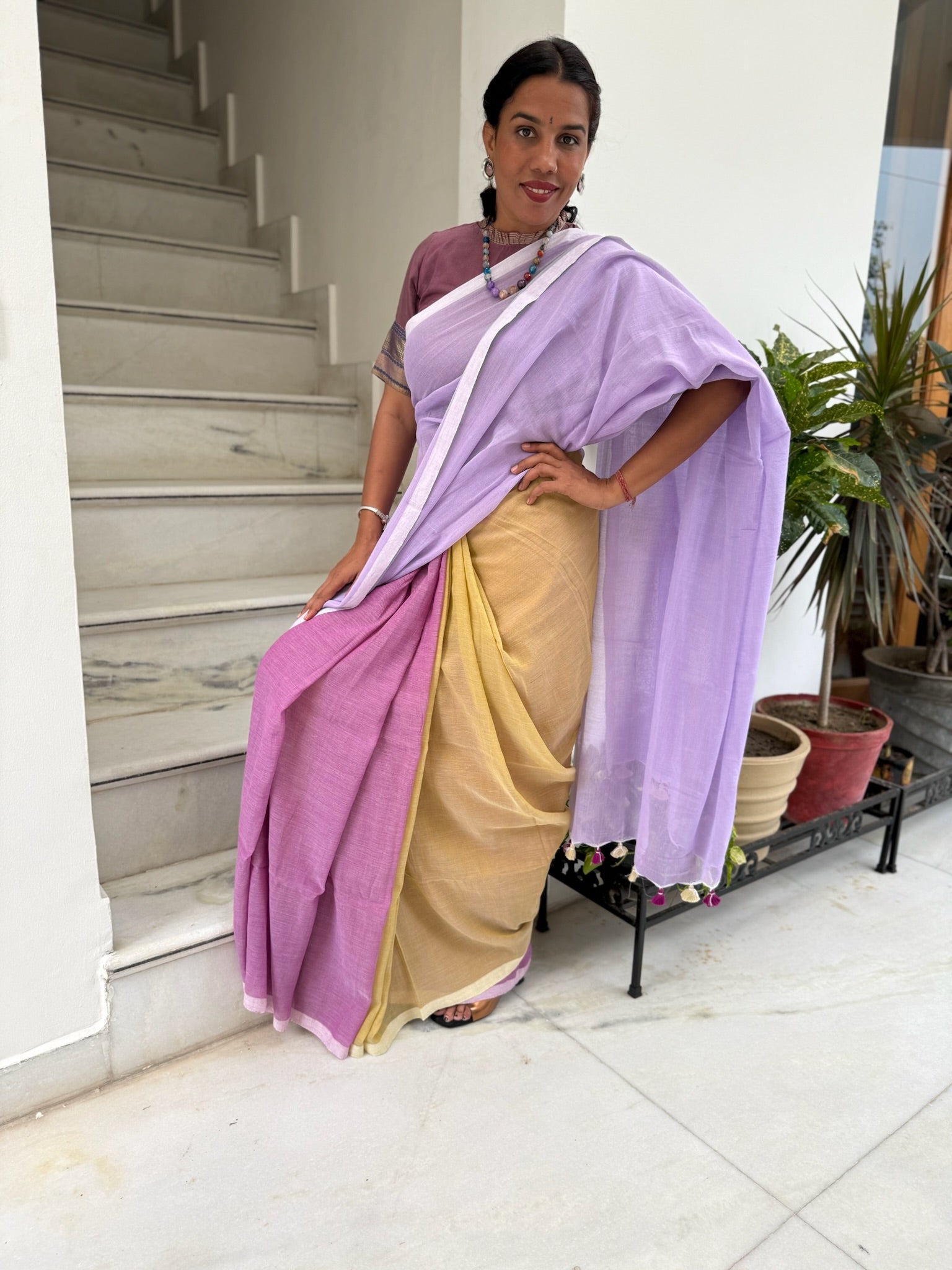 Tricolor Pure Mul Cotton Saree