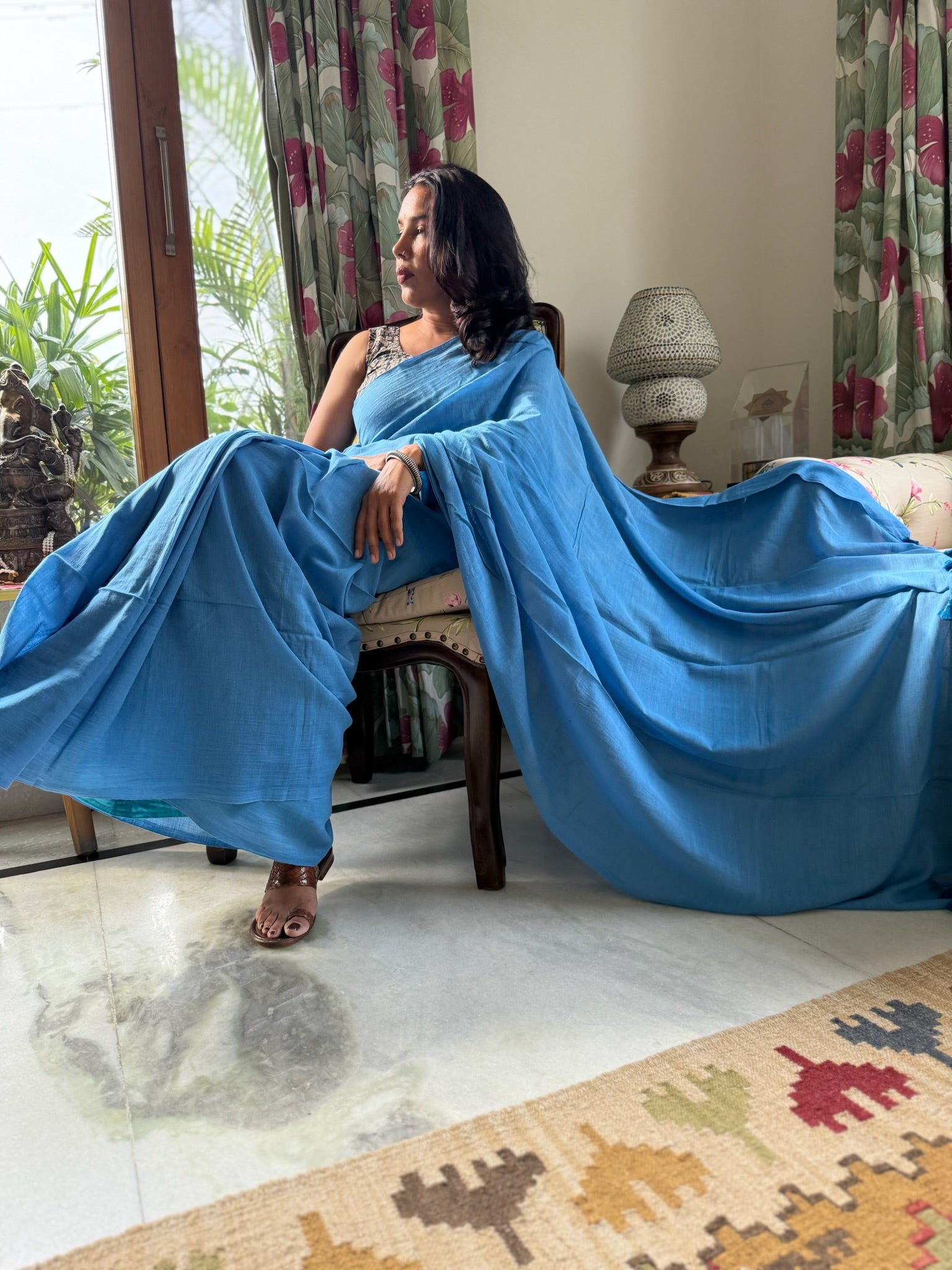 Blue Pure Mul Cotton Saree