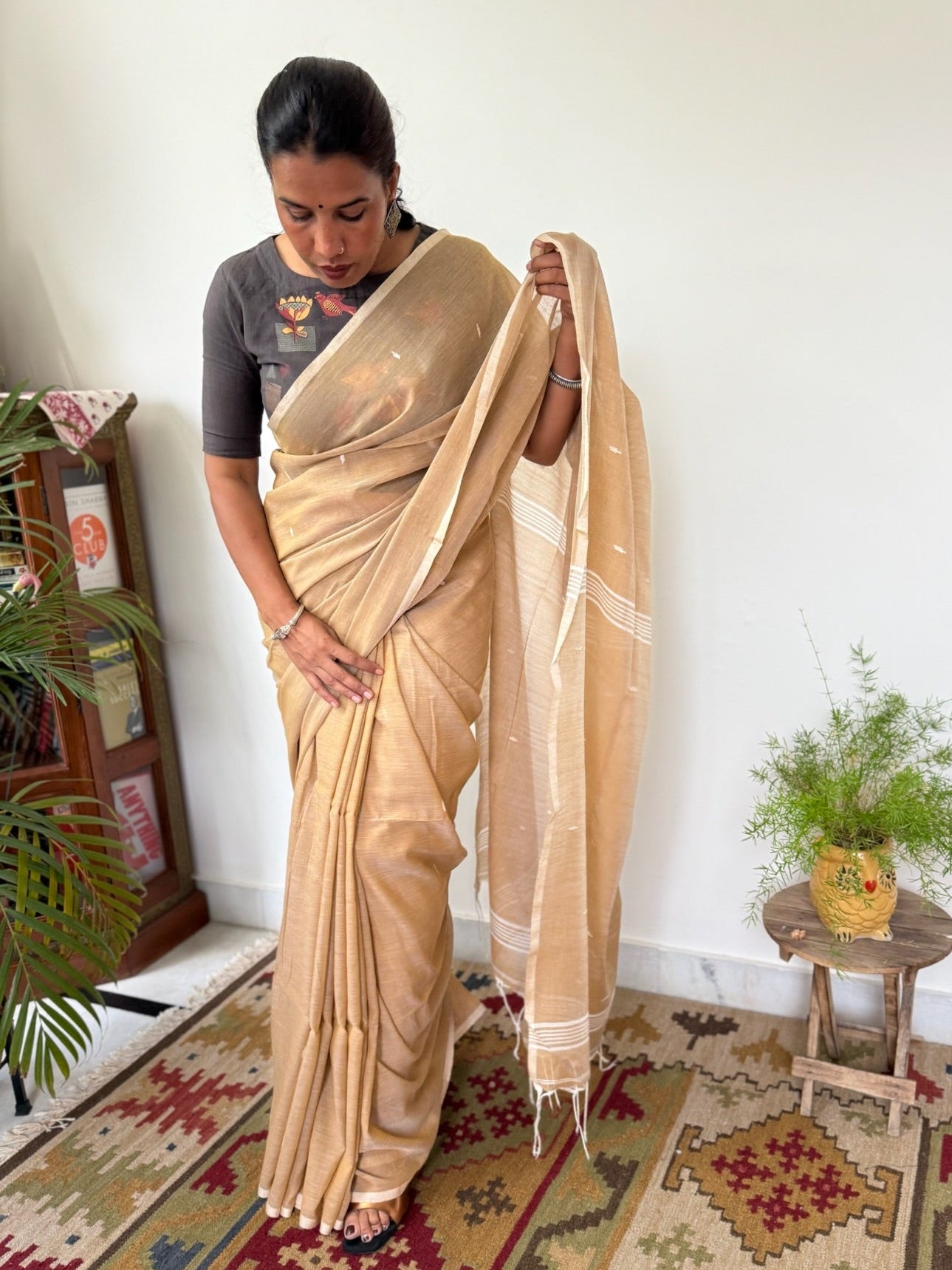 Warm Sand Beige Base Pure Cotton Jamdani Saree