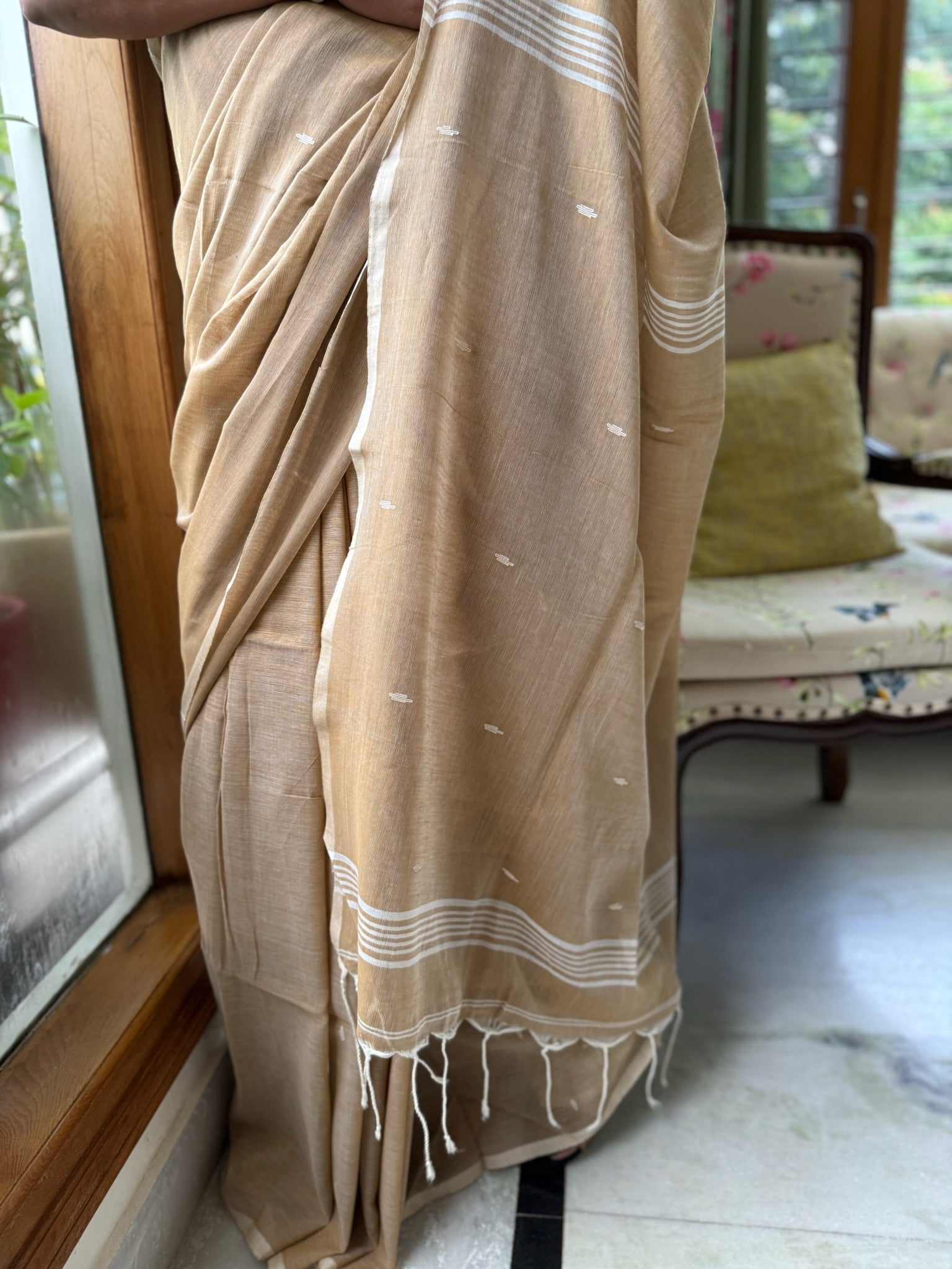 Warm Sand Beige Base Pure Cotton Jamdani Saree