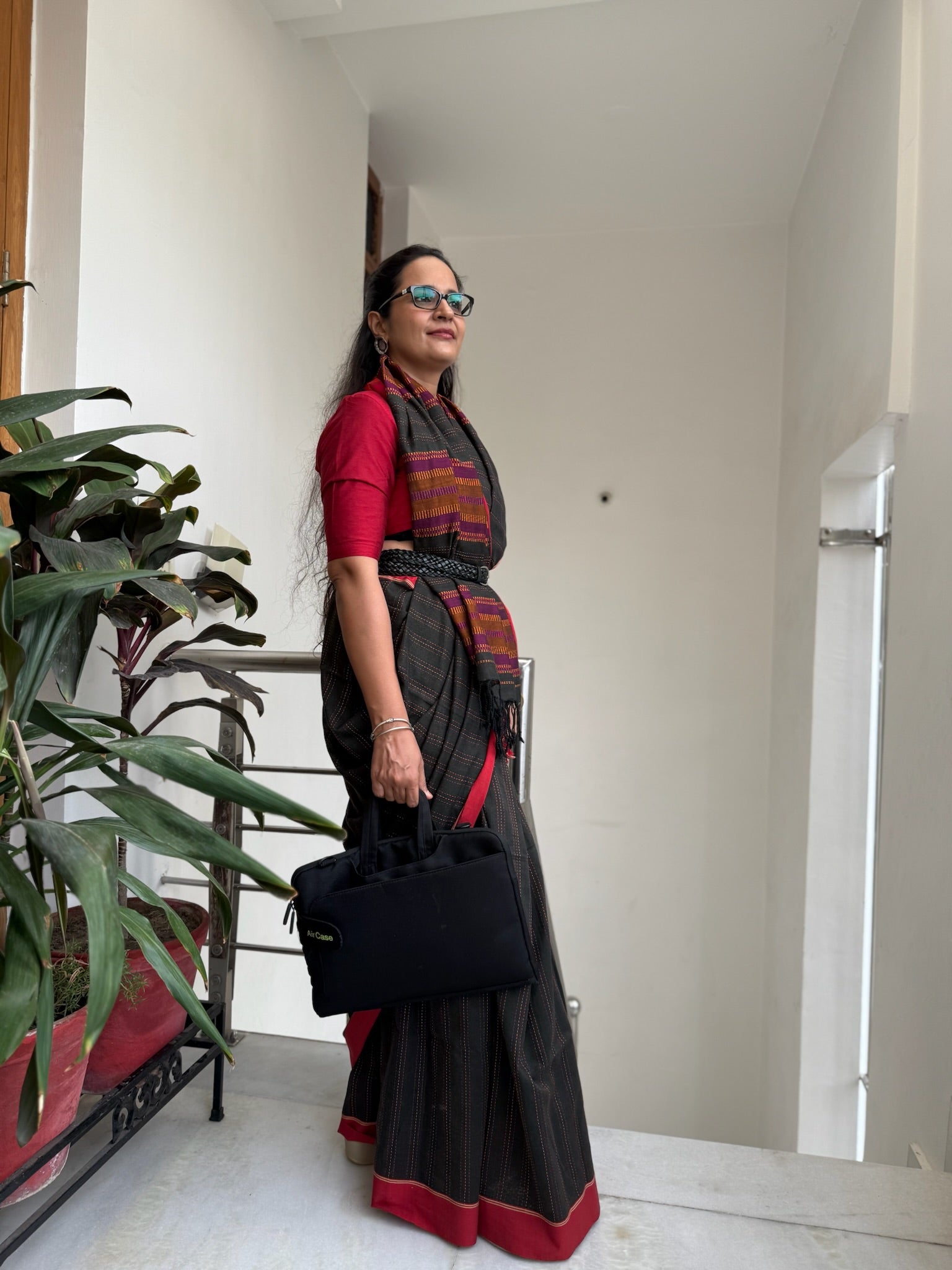 Elegant Charcoal Black With Thin White Pinstripes Cotton Saree With Red Border And Woven Pallu