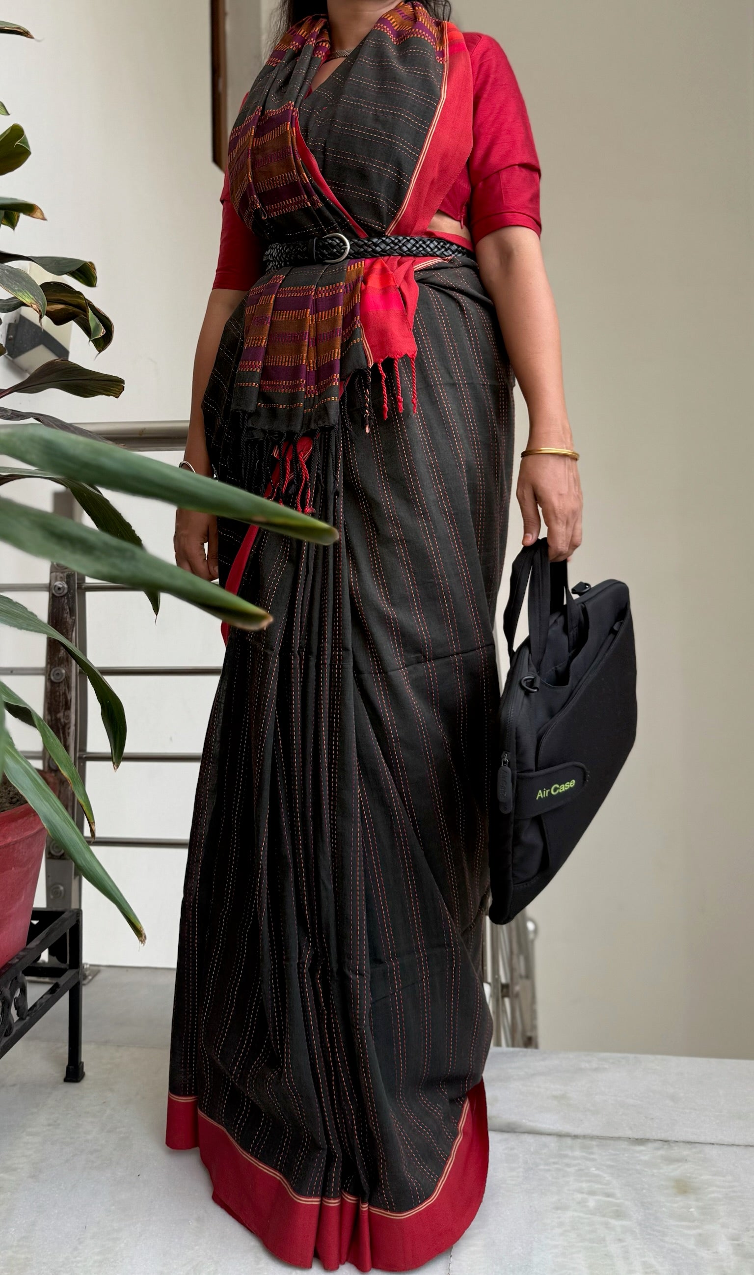 Elegant Charcoal Black With Thin White Pinstripes Cotton Saree With Red Border And Woven Pallu