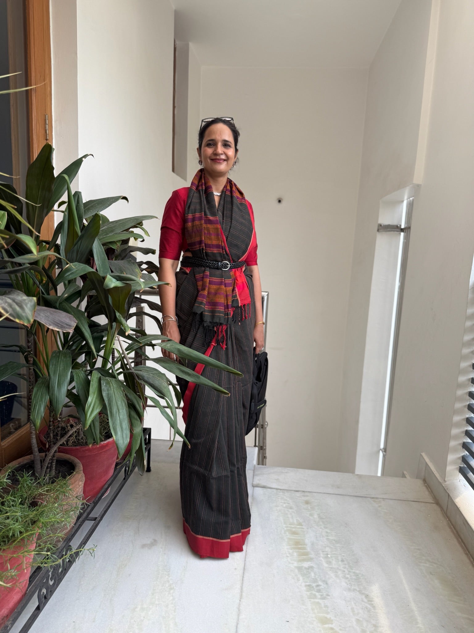 Elegant Charcoal Black With Thin White Pinstripes Cotton Saree With Red Border And Woven Pallu