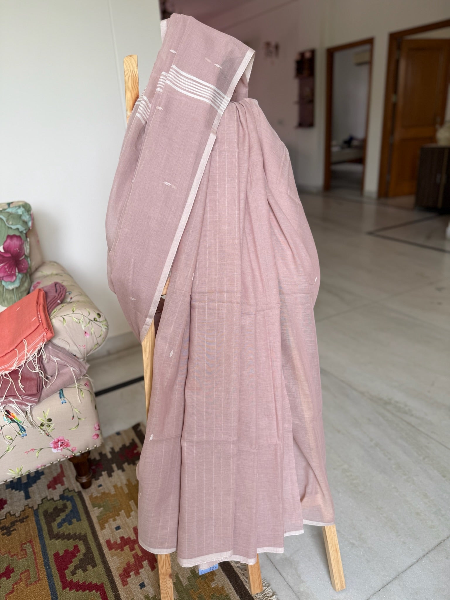 Muted Mauve Pink Base Pure Cotton Jamdani Saree