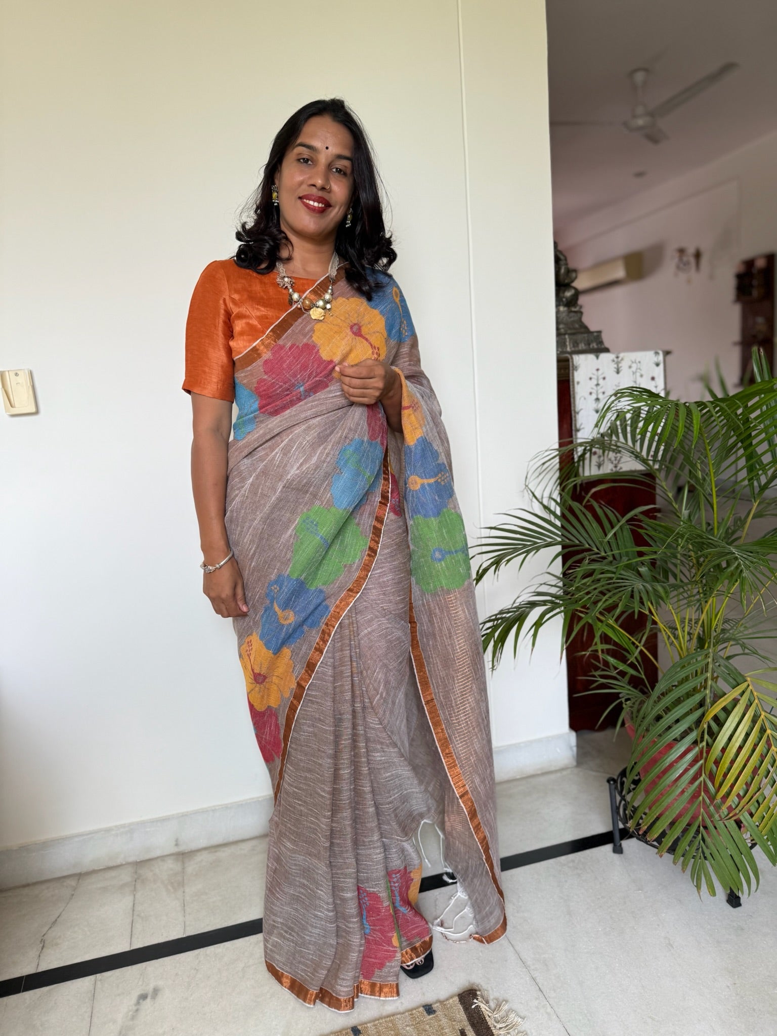 Fawn With Multicolor Flower Weaving Linen Saree