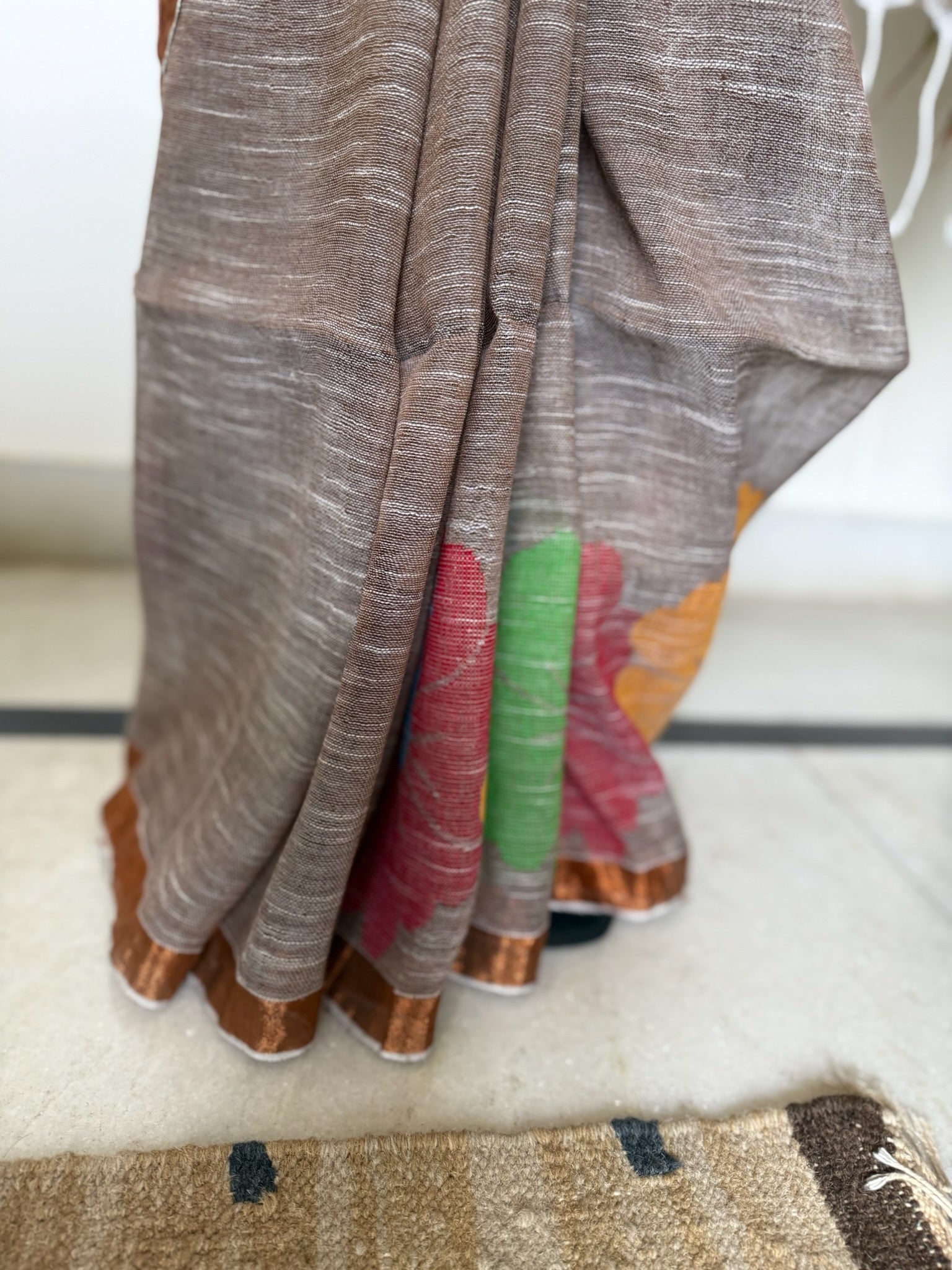 Fawn With Multicolor Flower Weaving Linen Saree