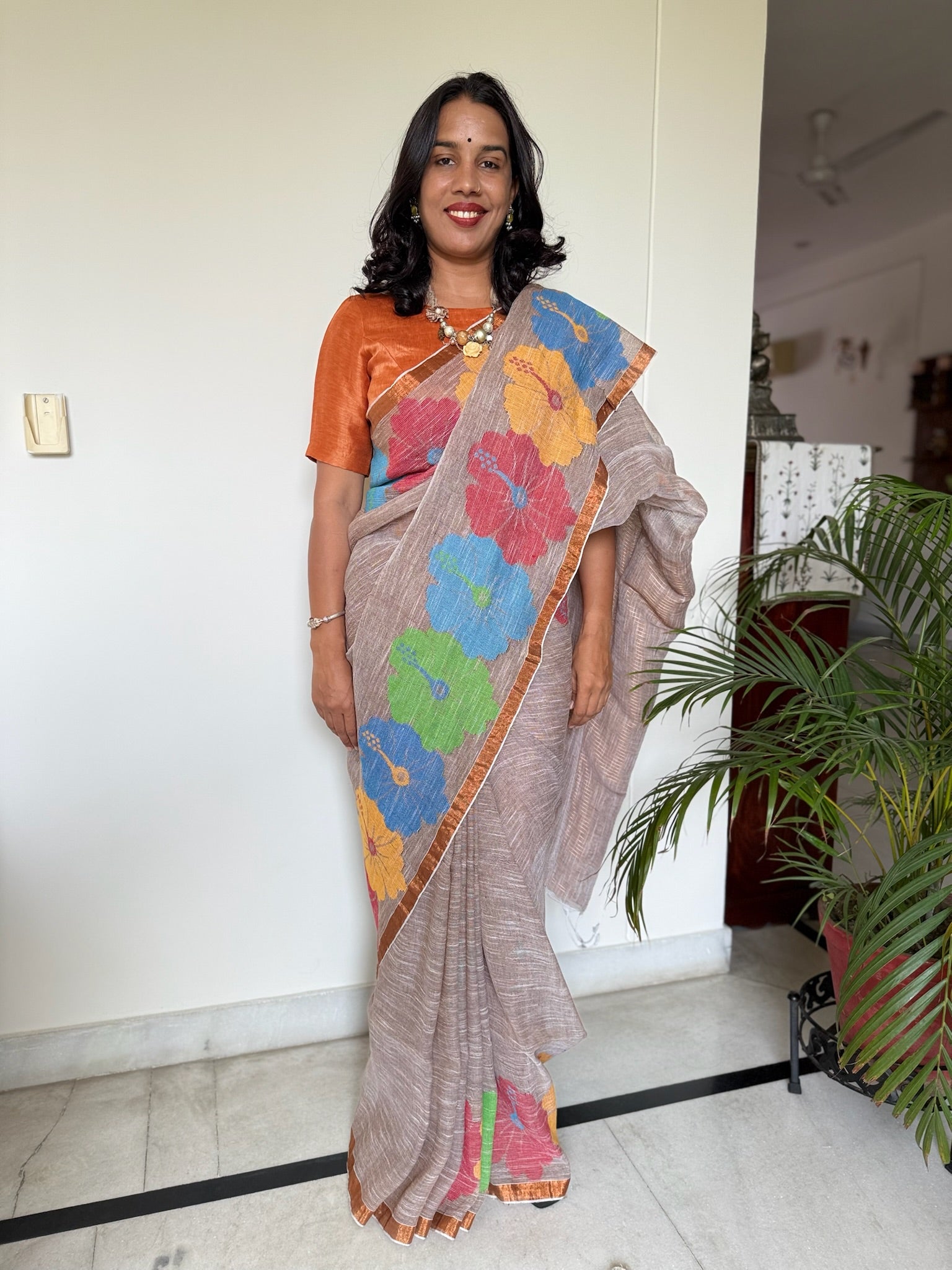 Fawn With Multicolor Flower Weaving Linen Saree