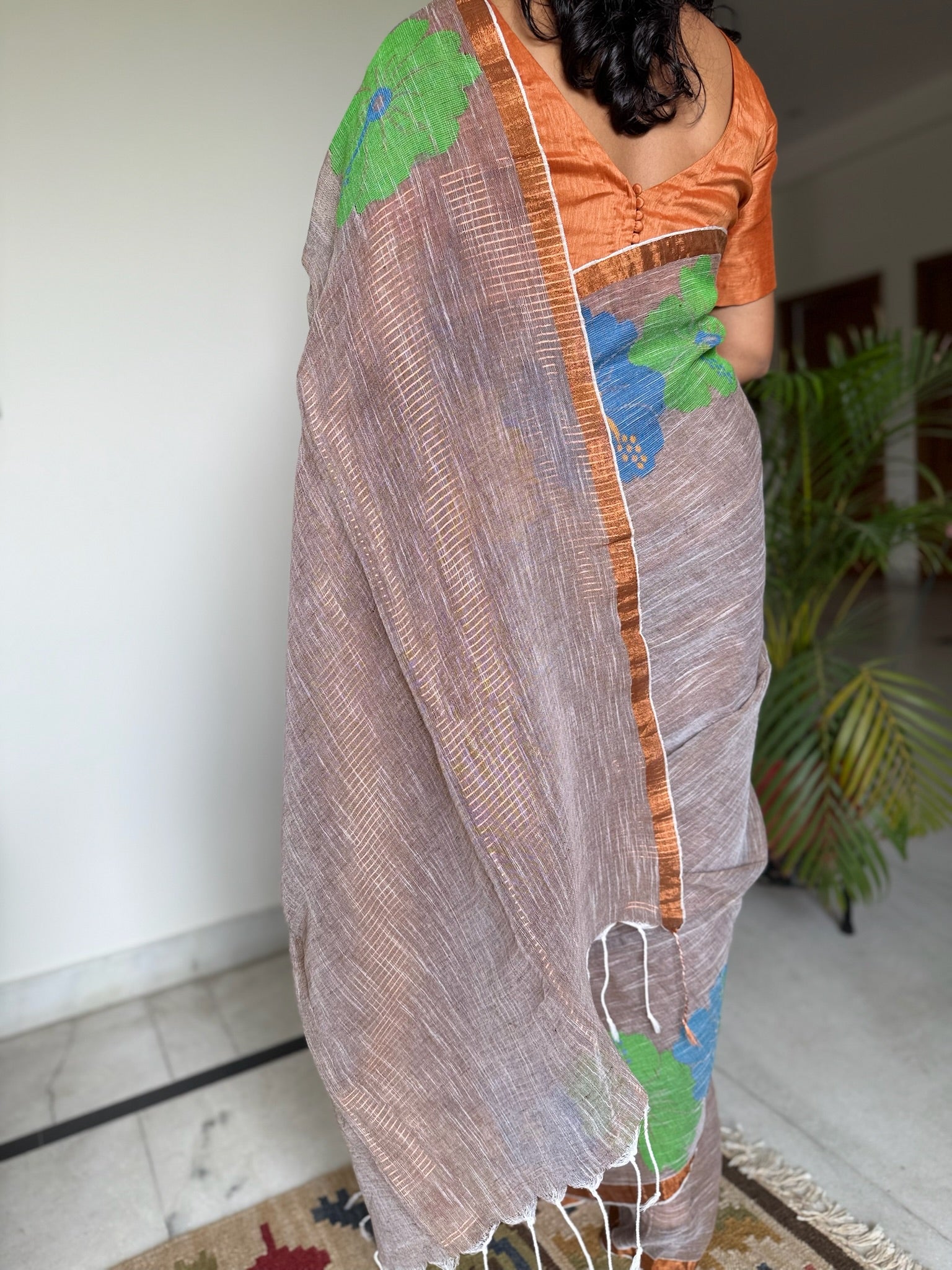 Fawn With Multicolor Flower Weaving Linen Saree